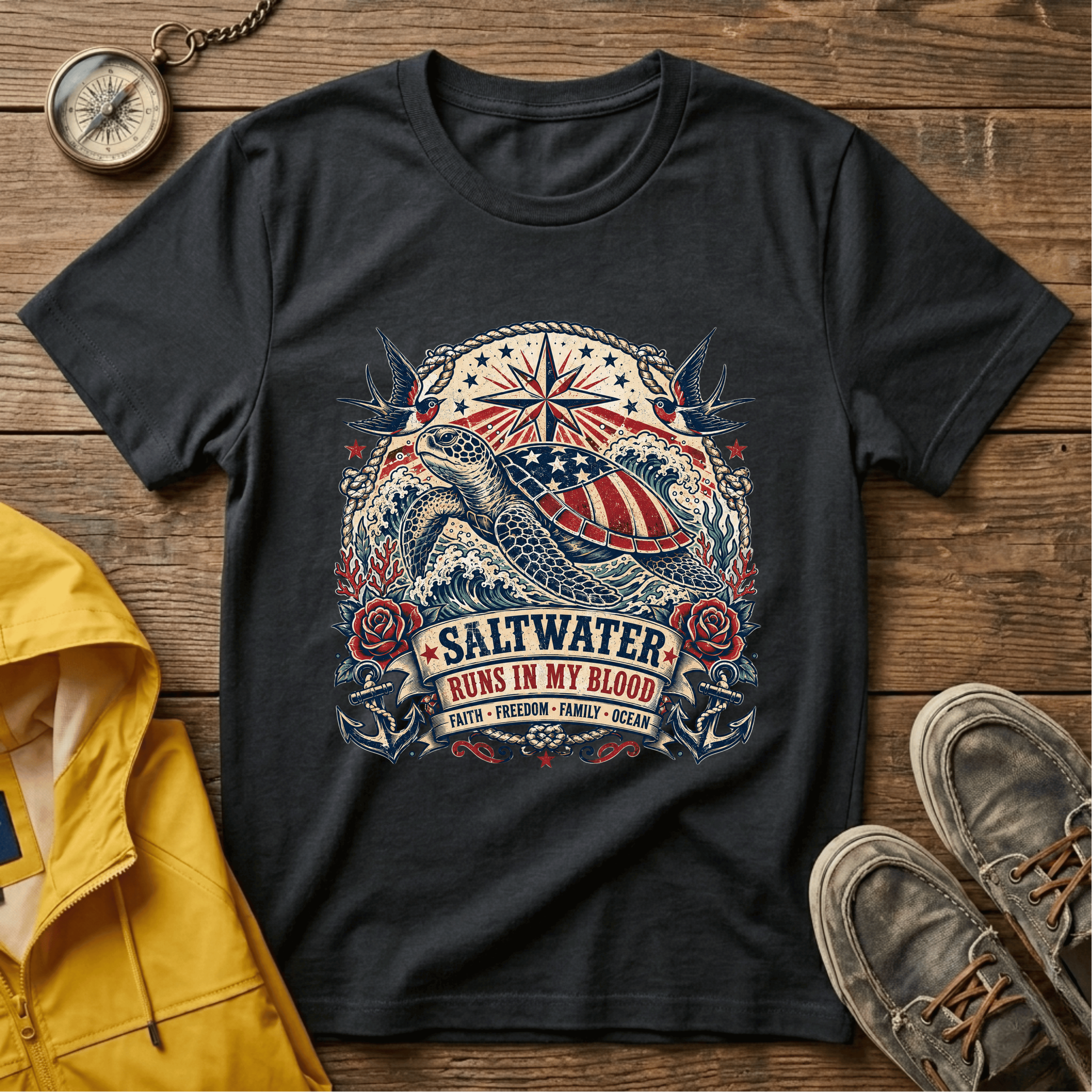 Sea Turtle Saltwater T-Shirt — "Saltwater Runs in My Blood" Coastal Tee