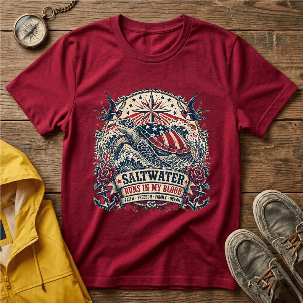 Sea Turtle Saltwater T-Shirt — "Saltwater Runs in My Blood" Coastal Tee