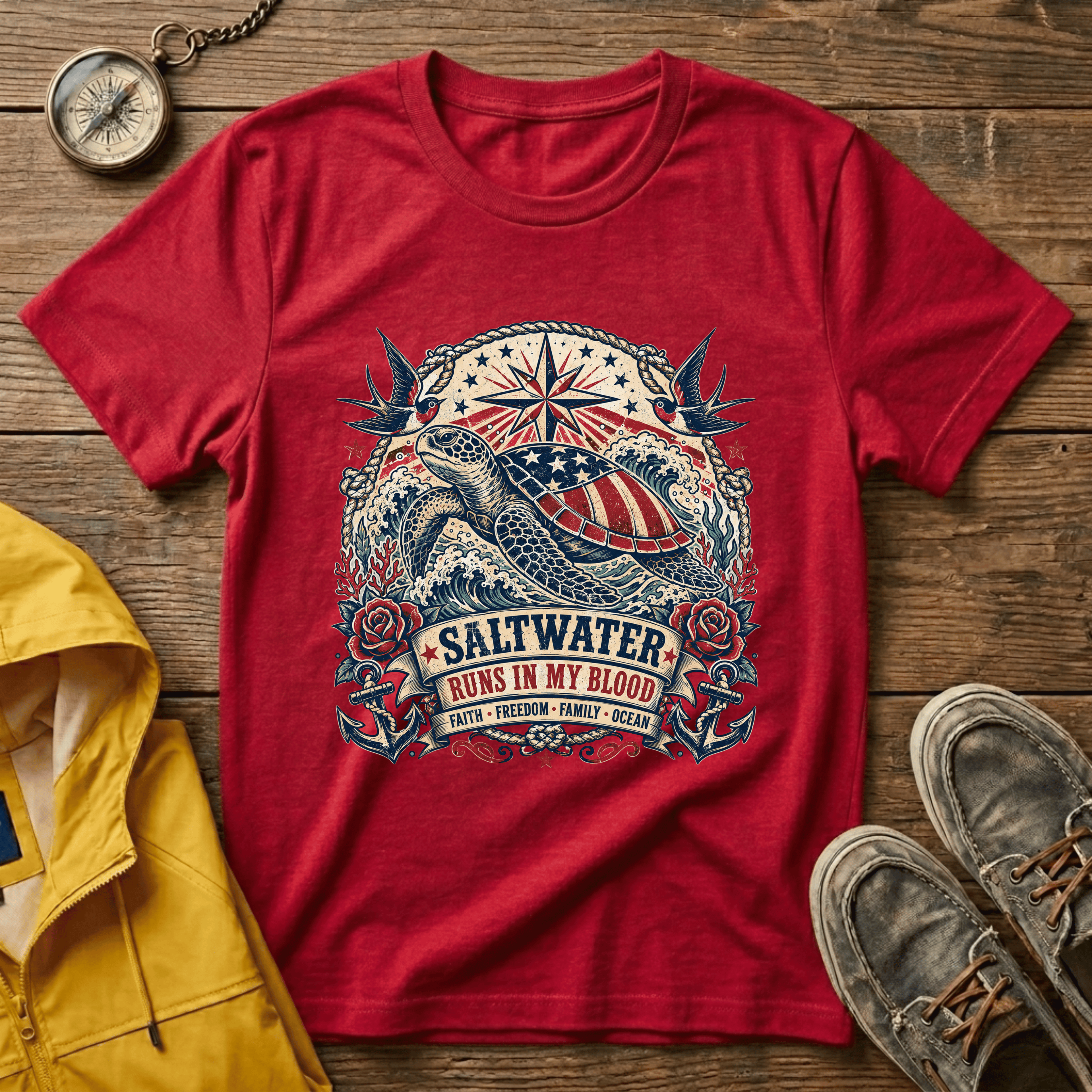 Sea Turtle Saltwater T-Shirt — "Saltwater Runs in My Blood" Coastal Tee