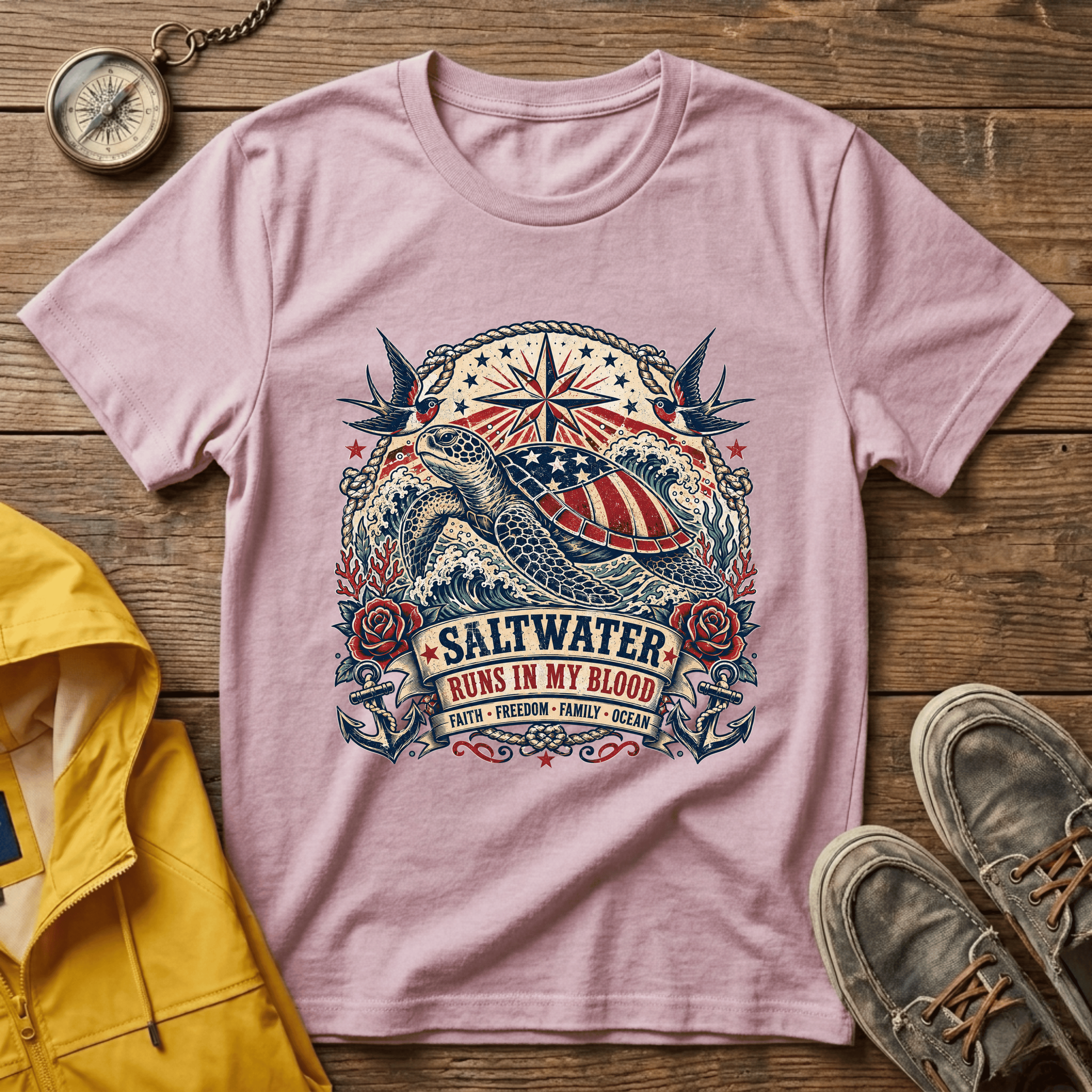 Sea Turtle Saltwater T-Shirt — "Saltwater Runs in My Blood" Coastal Tee