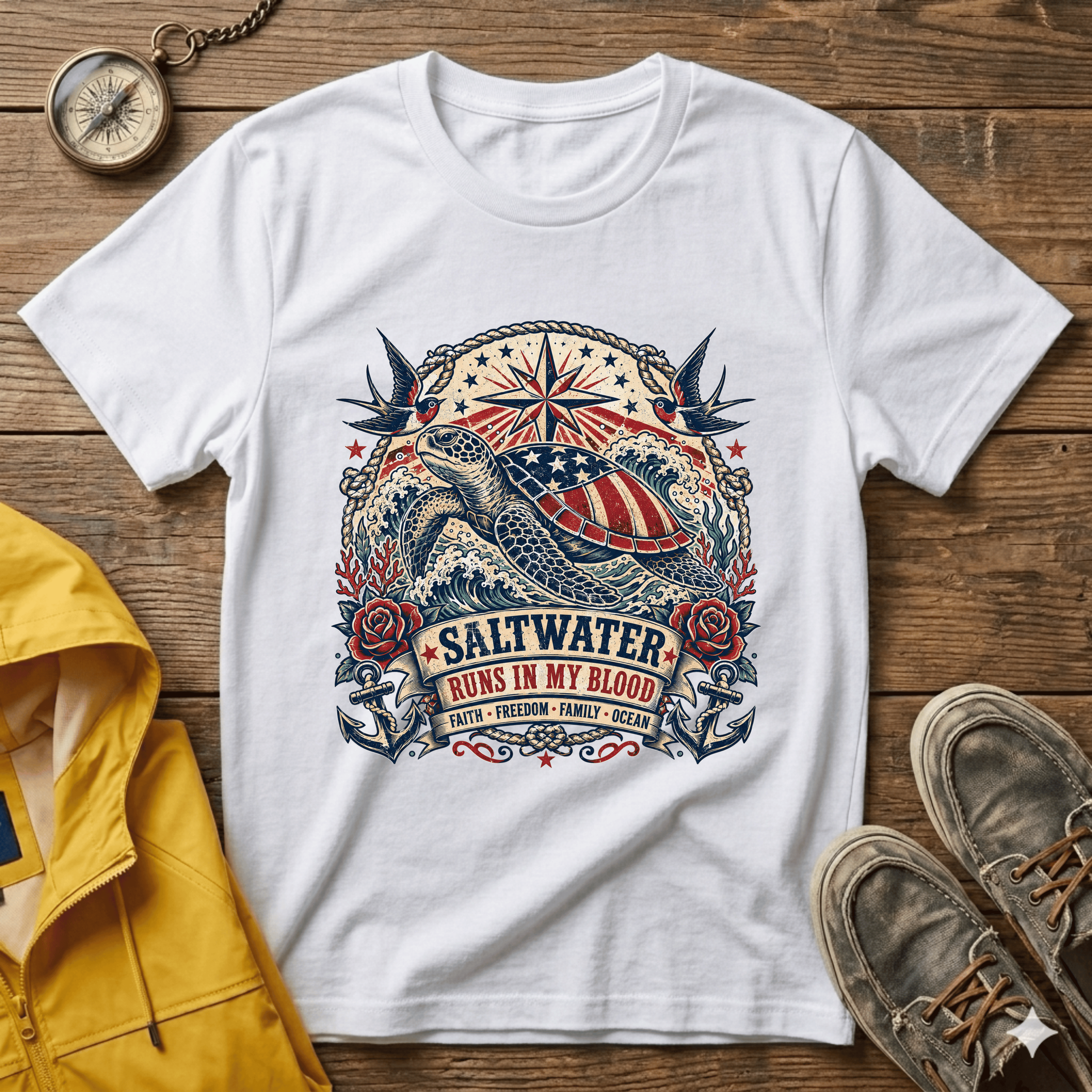Sea Turtle Saltwater T-Shirt — "Saltwater Runs in My Blood" Coastal Tee