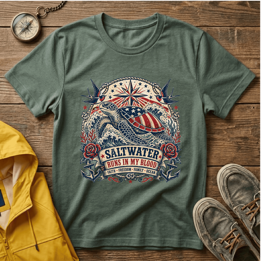 Sea Turtle Saltwater T-Shirt — "Saltwater Runs in My Blood" Coastal Tee