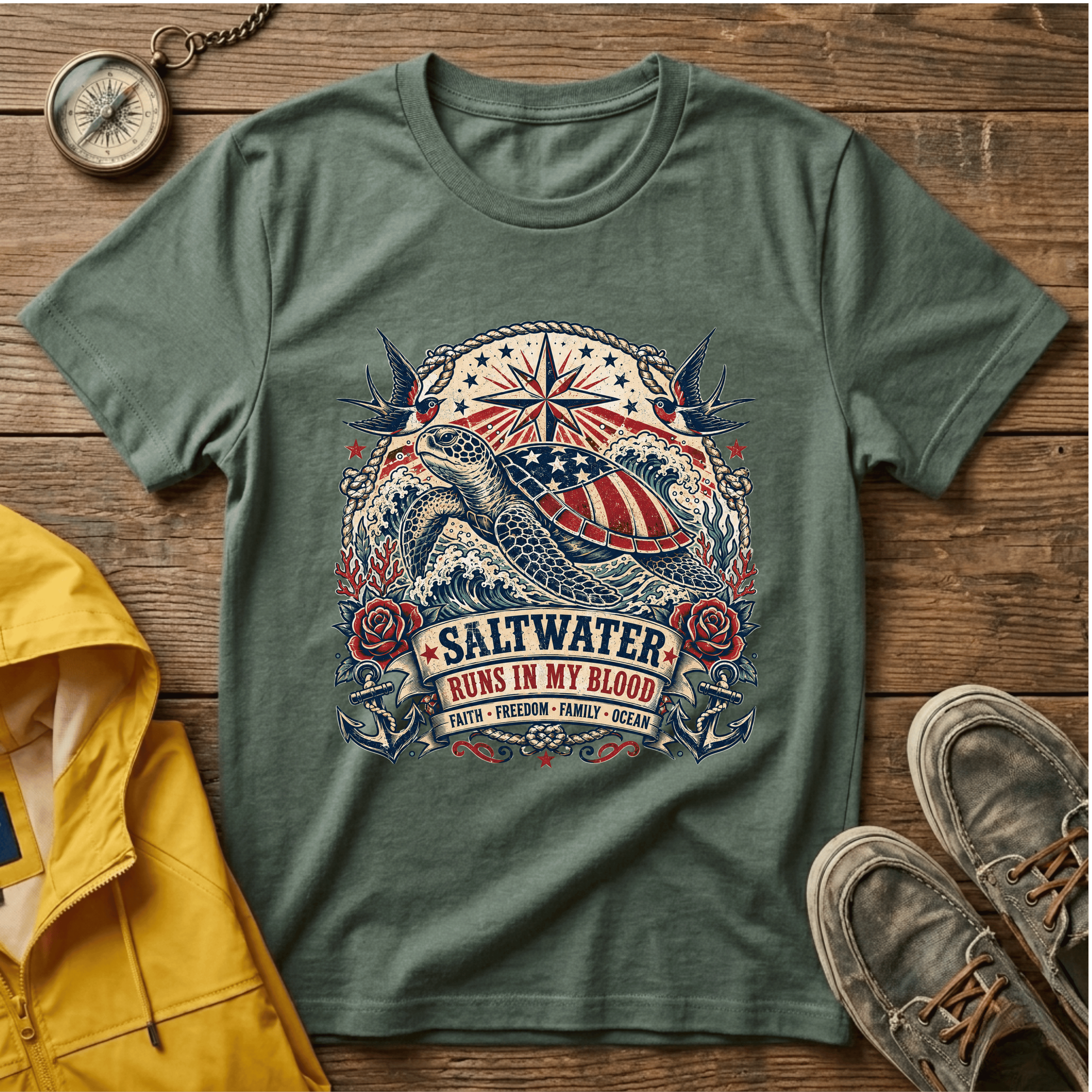Sea Turtle Saltwater T-Shirt — "Saltwater Runs in My Blood" Coastal Tee