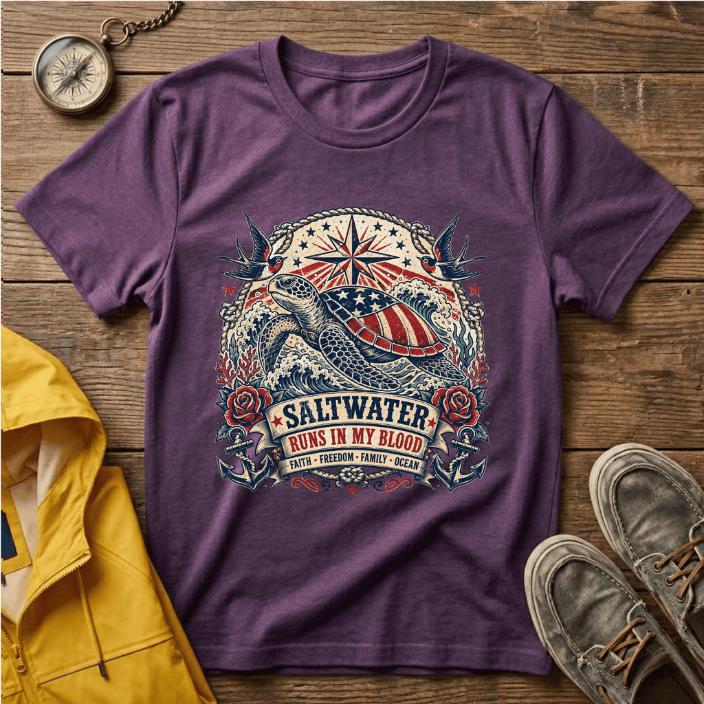 Sea Turtle Saltwater T-Shirt — "Saltwater Runs in My Blood" Coastal Tee