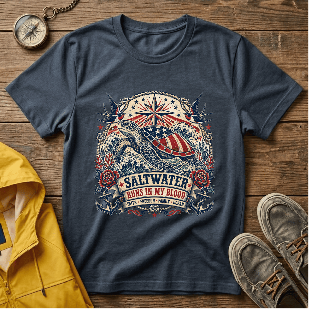 Sea Turtle Saltwater T-Shirt — "Saltwater Runs in My Blood" Coastal Tee