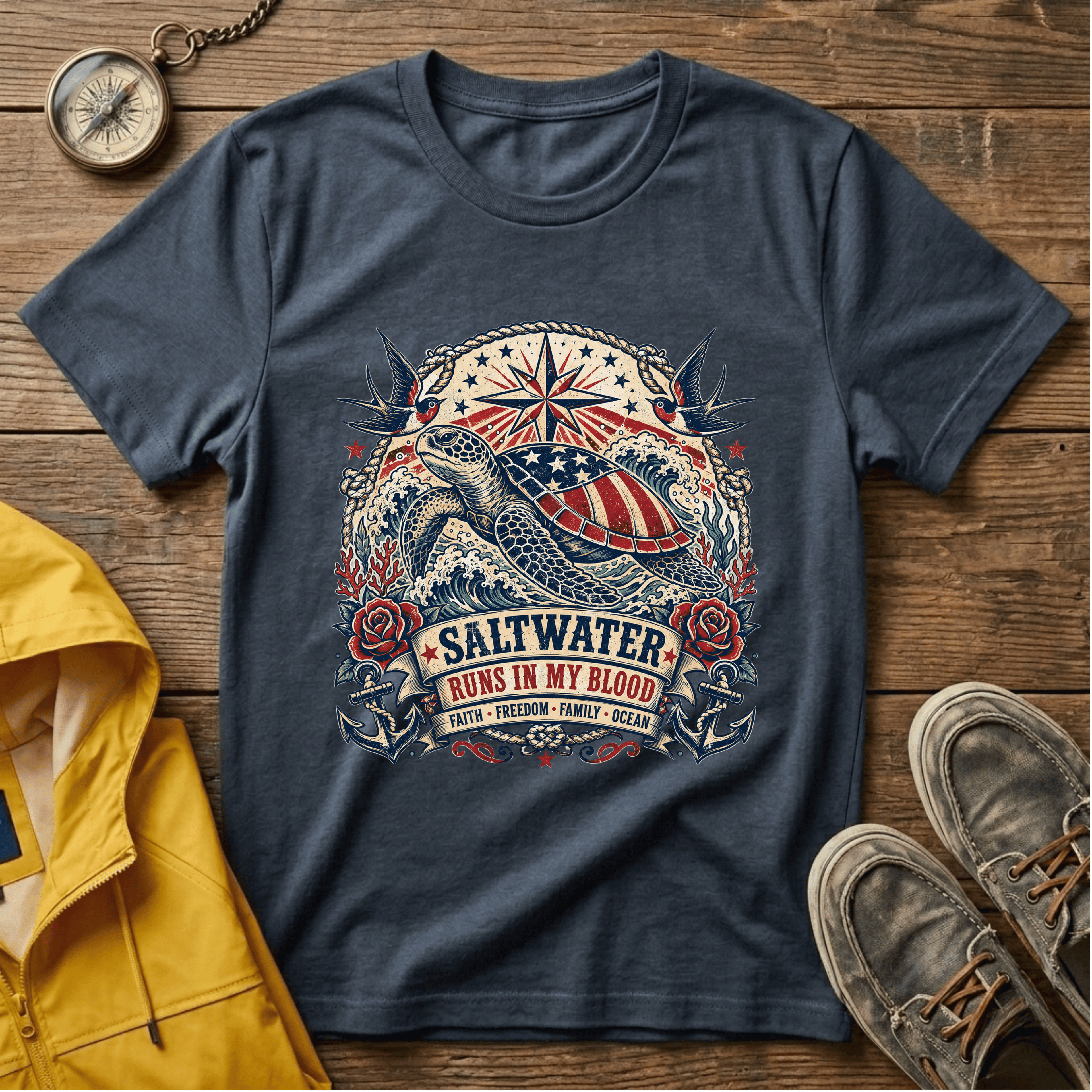 Sea Turtle Saltwater T-Shirt — "Saltwater Runs in My Blood" Coastal Tee