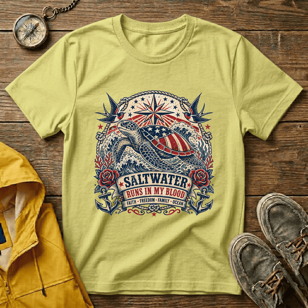 Sea Turtle Saltwater T-Shirt — "Saltwater Runs in My Blood" Coastal Tee