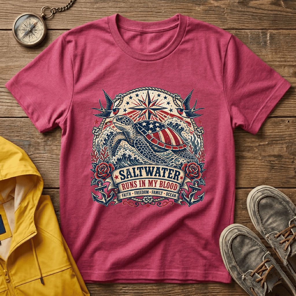 Sea Turtle Saltwater T-Shirt — "Saltwater Runs in My Blood" Coastal Tee