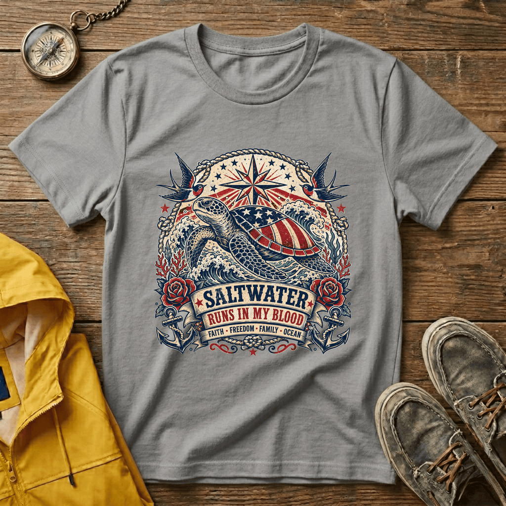 Sea Turtle Saltwater T-Shirt — "Saltwater Runs in My Blood" Coastal Tee