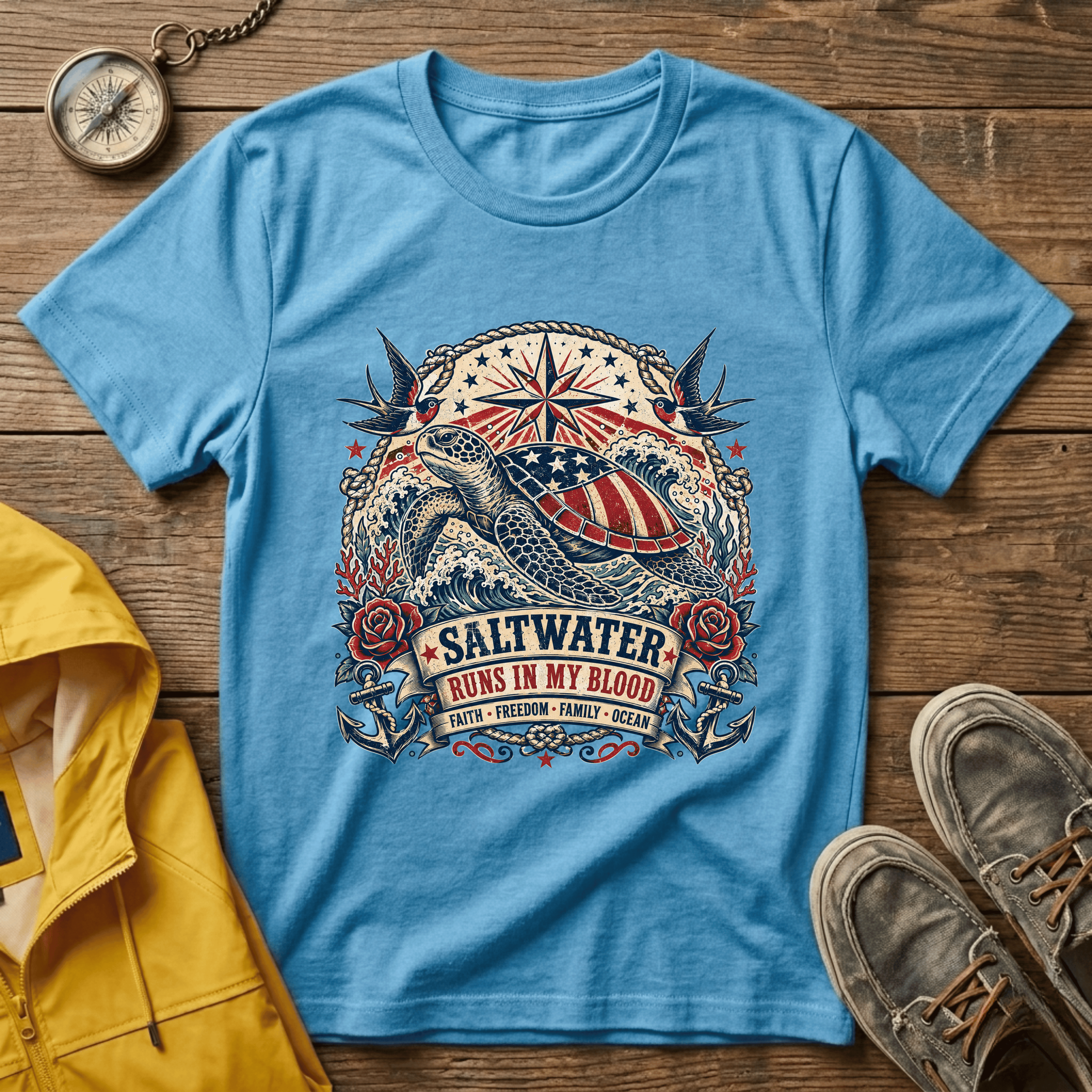 Sea Turtle Saltwater T-Shirt — "Saltwater Runs in My Blood" Coastal Tee