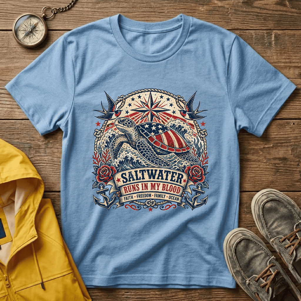 Sea Turtle Saltwater T-Shirt — "Saltwater Runs in My Blood" Coastal Tee