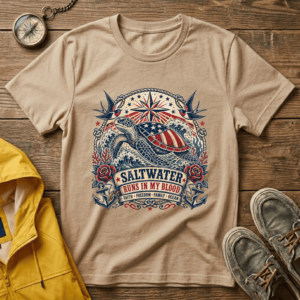 Sea Turtle Saltwater T-Shirt — "Saltwater Runs in My Blood" Coastal Tee
