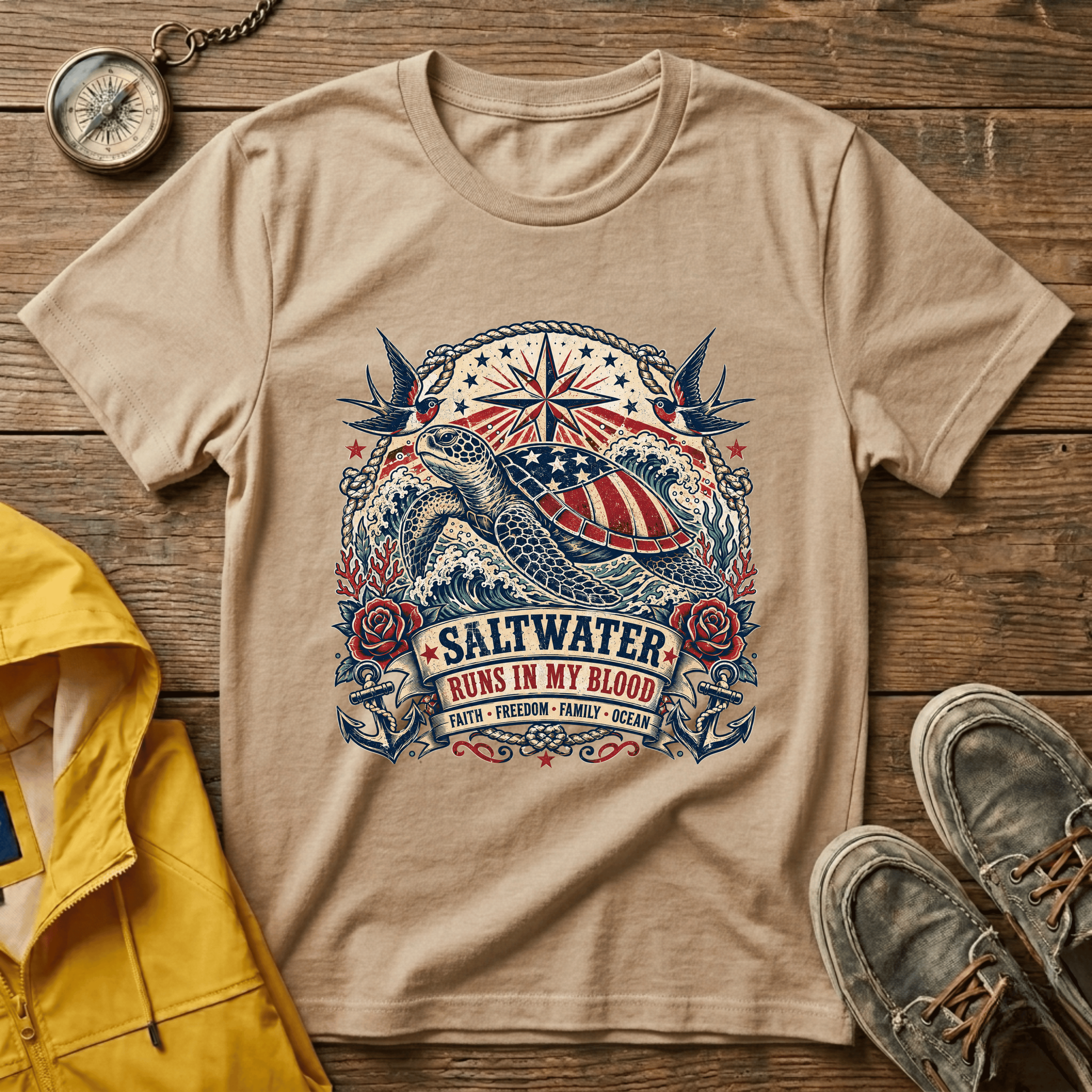 Sea Turtle Saltwater T-Shirt — "Saltwater Runs in My Blood" Coastal Tee