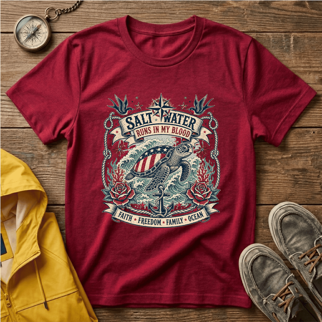 Saltwater Runs In My Blood T-Shirt — Nautical Turtle Vintage Beach Tee