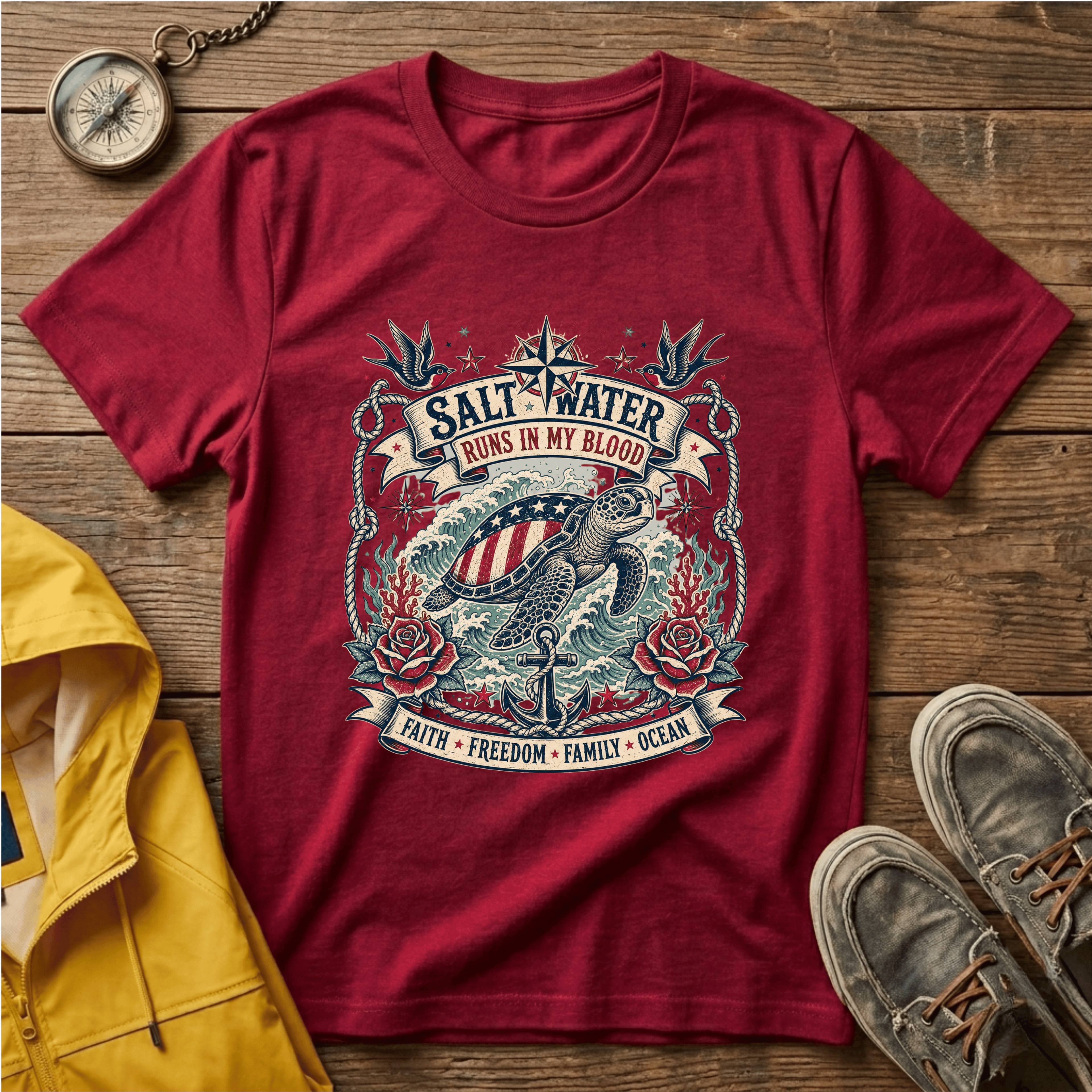 Saltwater Runs In My Blood T-Shirt — Nautical Turtle Vintage Beach Tee
