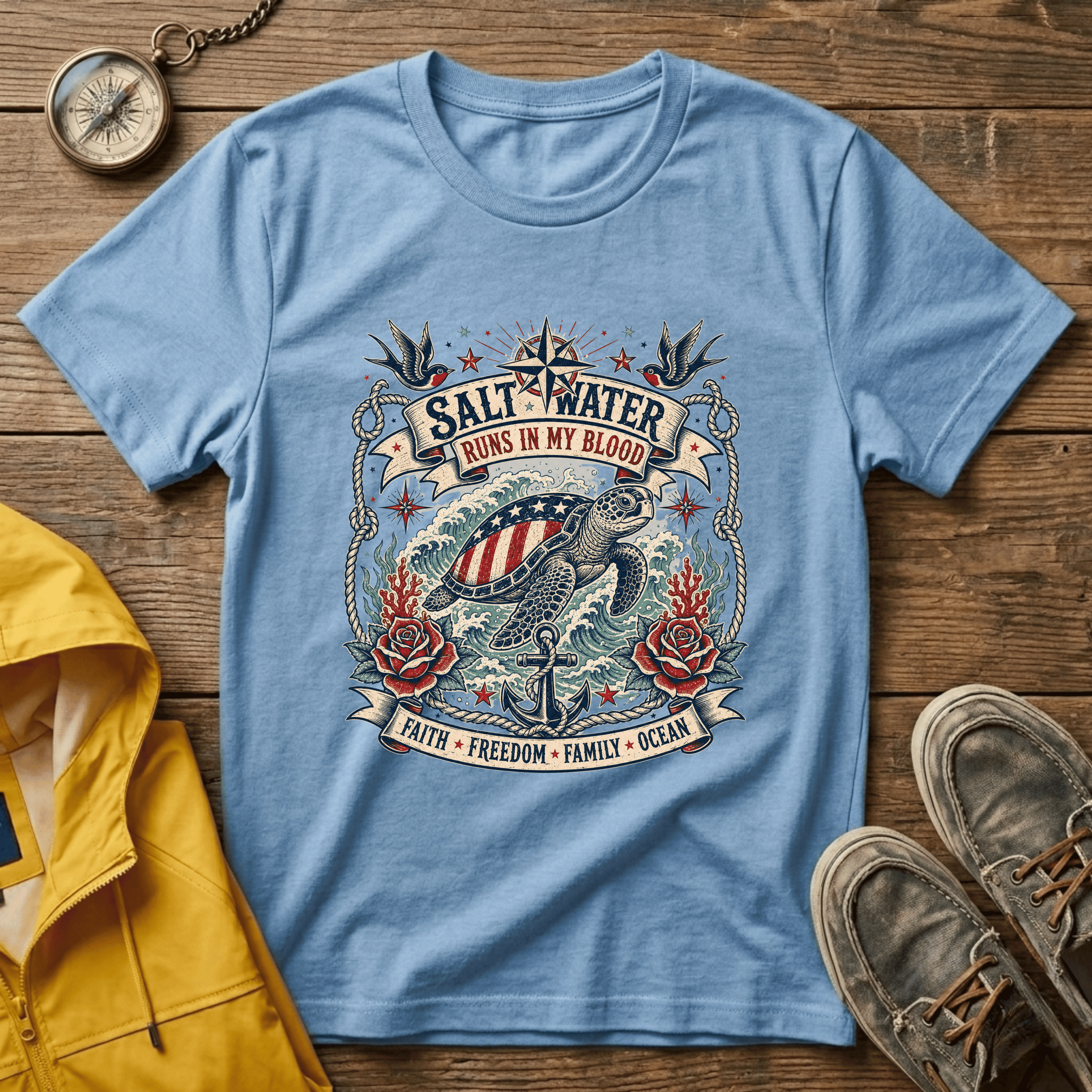 Saltwater Runs In My Blood T-Shirt — Nautical Turtle Vintage Beach Tee