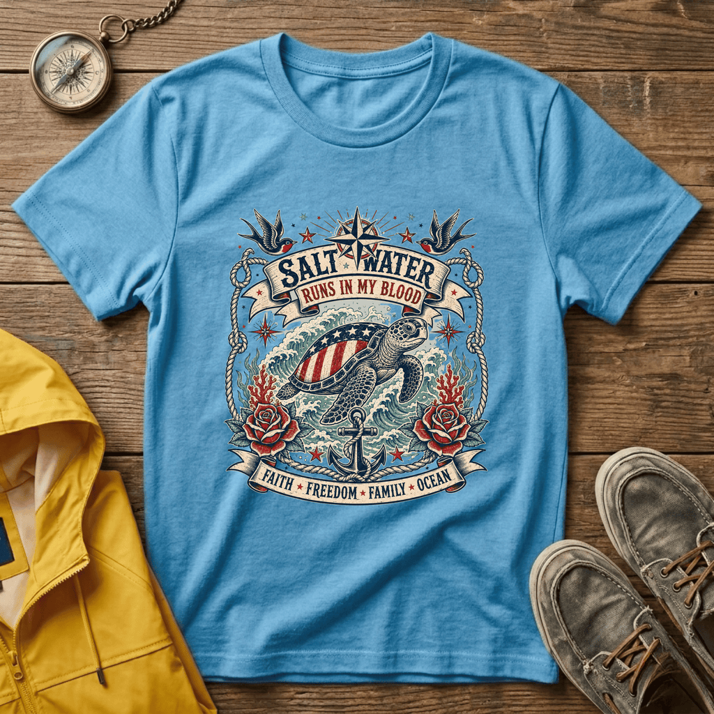 Saltwater Runs In My Blood T-Shirt — Nautical Turtle Vintage Beach Tee