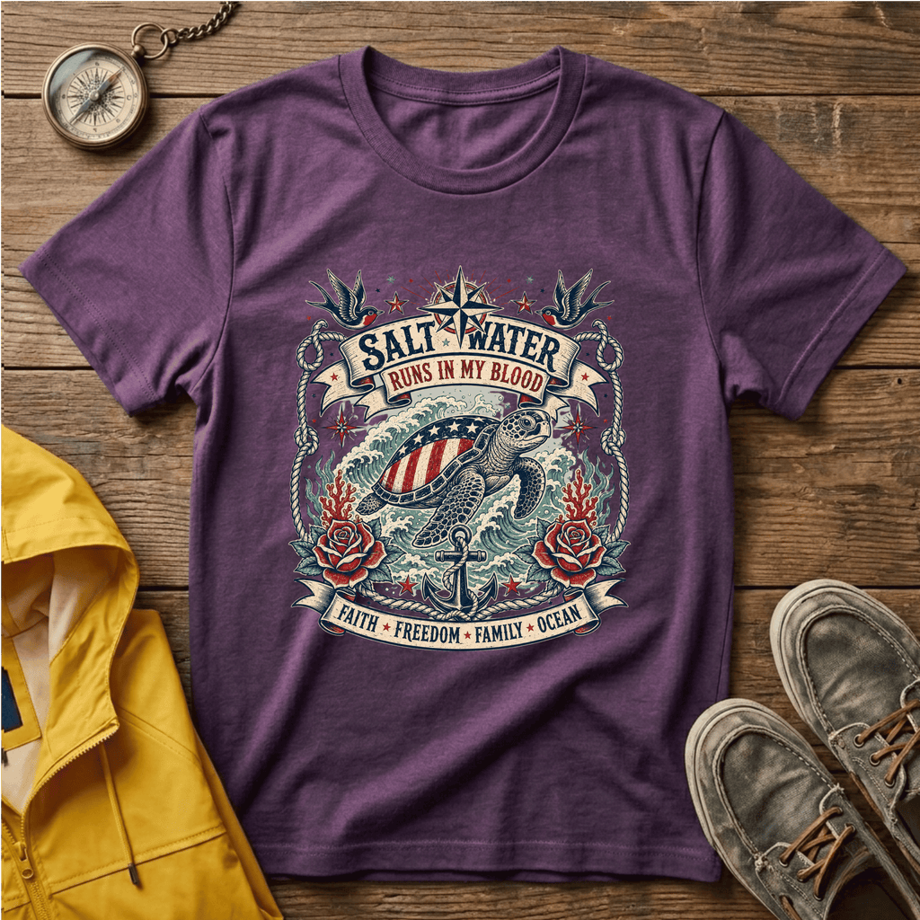 Saltwater Runs In My Blood T-Shirt — Nautical Turtle Vintage Beach Tee