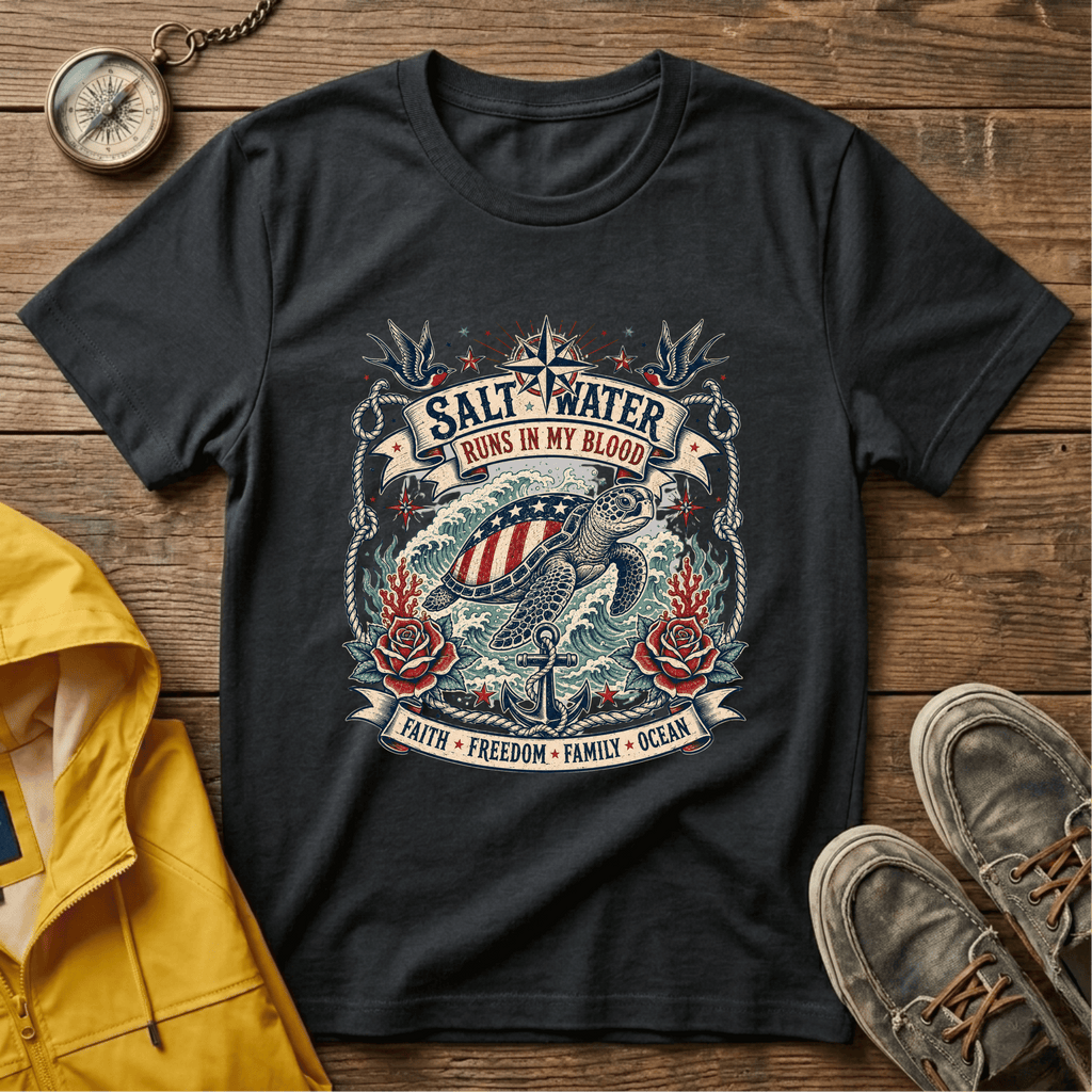 Saltwater Runs In My Blood T-Shirt — Nautical Turtle Vintage Beach Tee