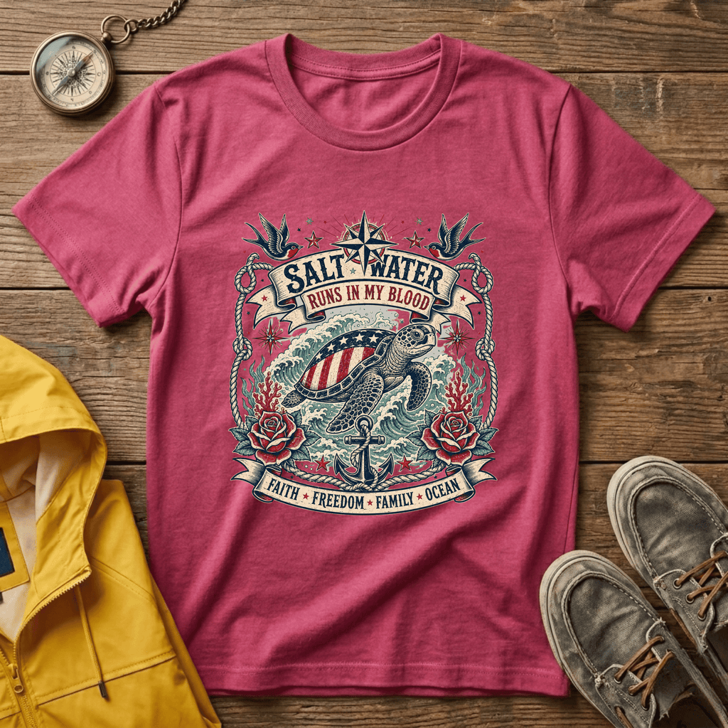 Saltwater Runs In My Blood T-Shirt — Nautical Turtle Vintage Beach Tee