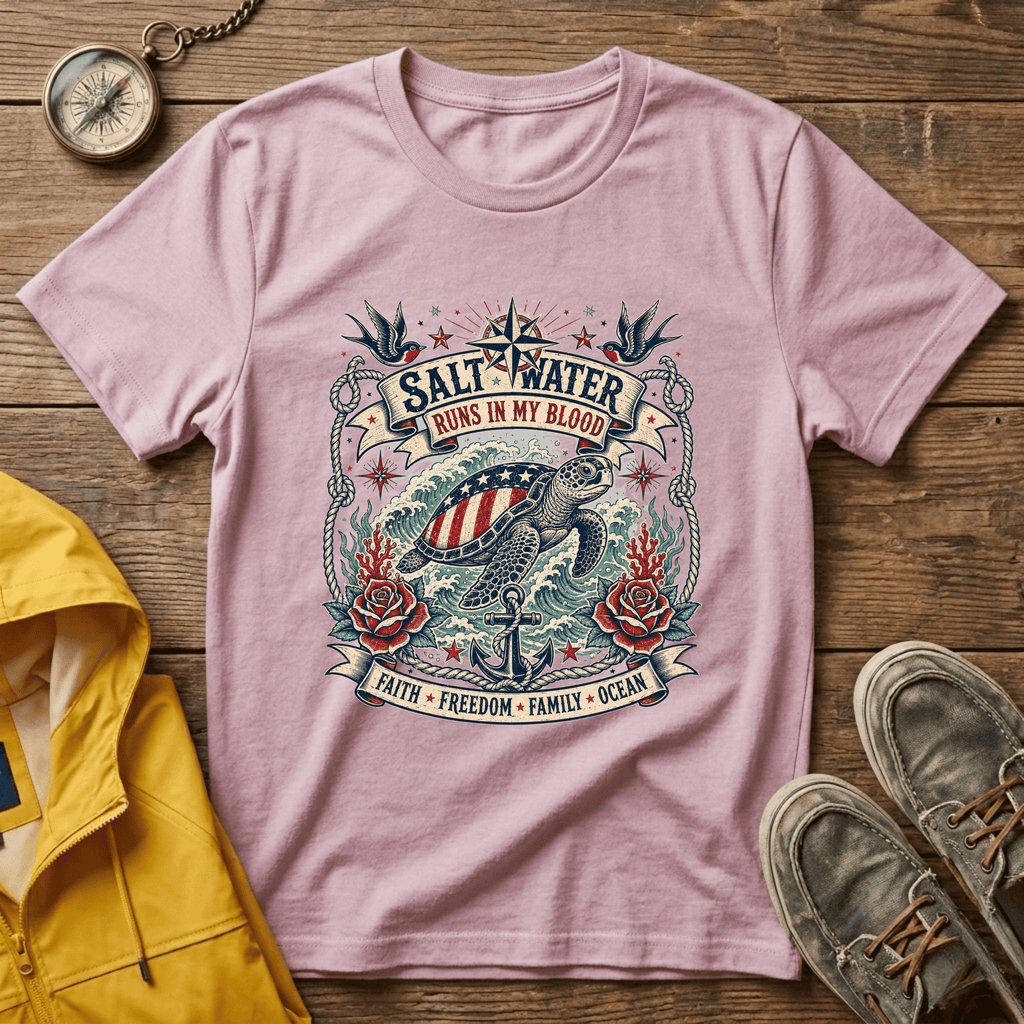 Saltwater Runs In My Blood T-Shirt — Nautical Turtle Vintage Beach Tee