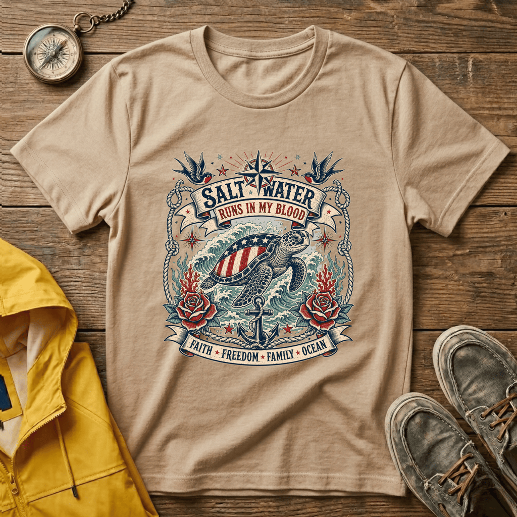 Saltwater Runs In My Blood T-Shirt — Nautical Turtle Vintage Beach Tee