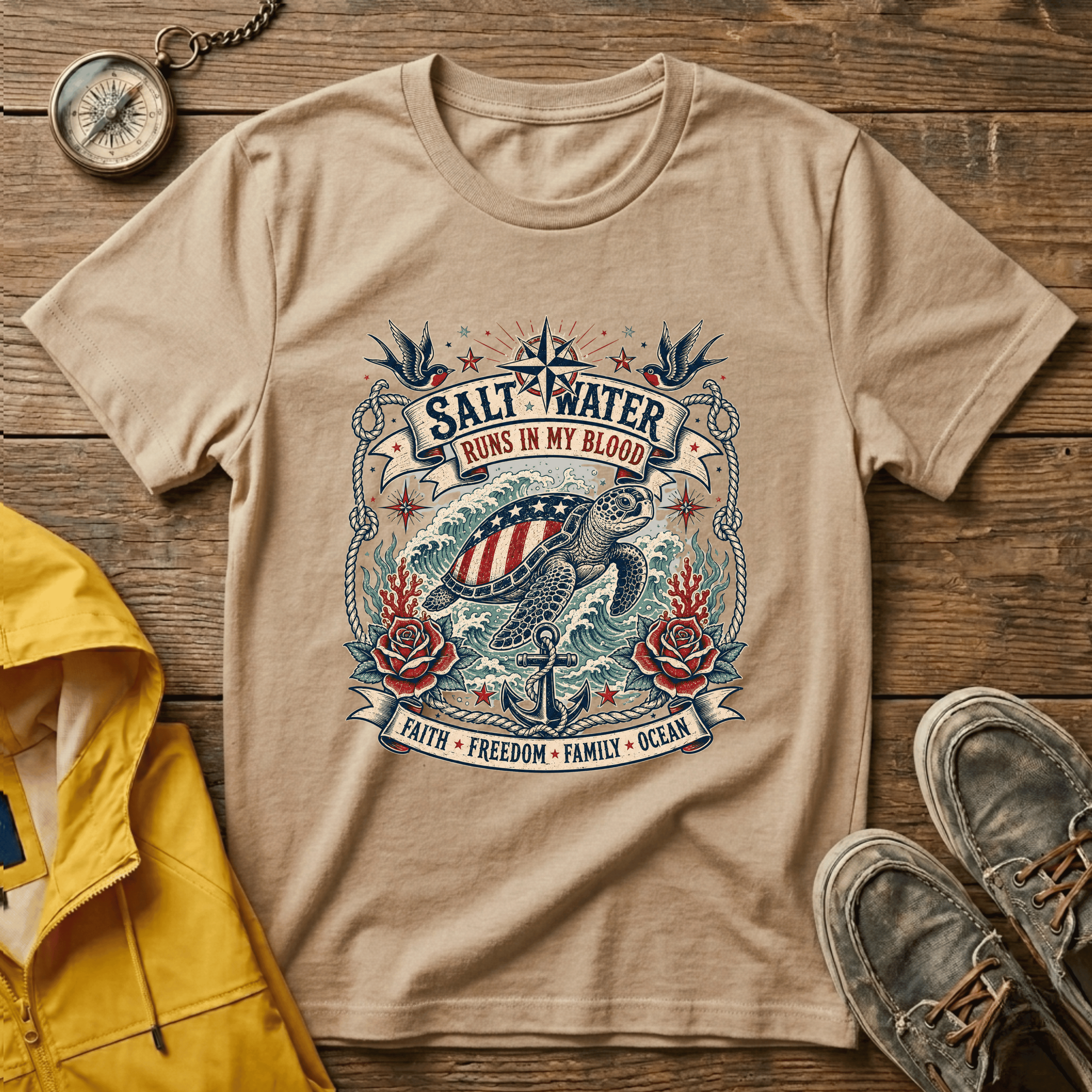 Saltwater Runs In My Blood T-Shirt — Nautical Turtle Vintage Beach Tee