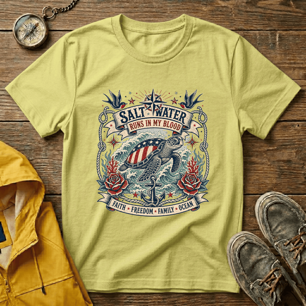 Saltwater Runs In My Blood T-Shirt — Nautical Turtle Vintage Beach Tee