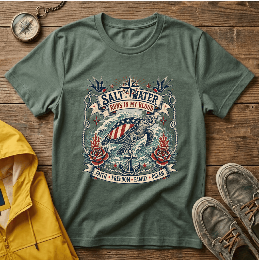 Saltwater Runs In My Blood T-Shirt — Nautical Turtle Vintage Beach Tee