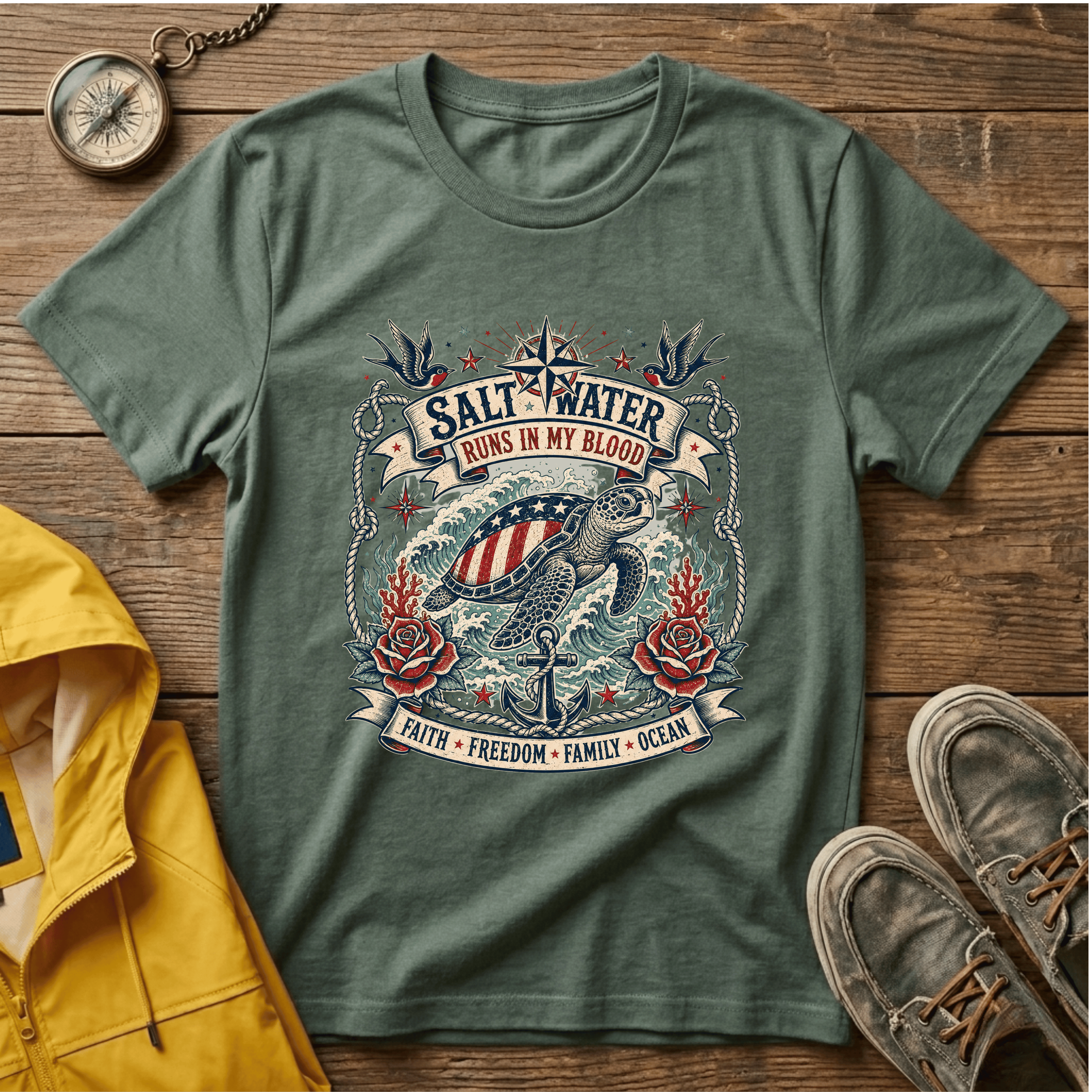 Saltwater Runs In My Blood T-Shirt — Nautical Turtle Vintage Beach Tee