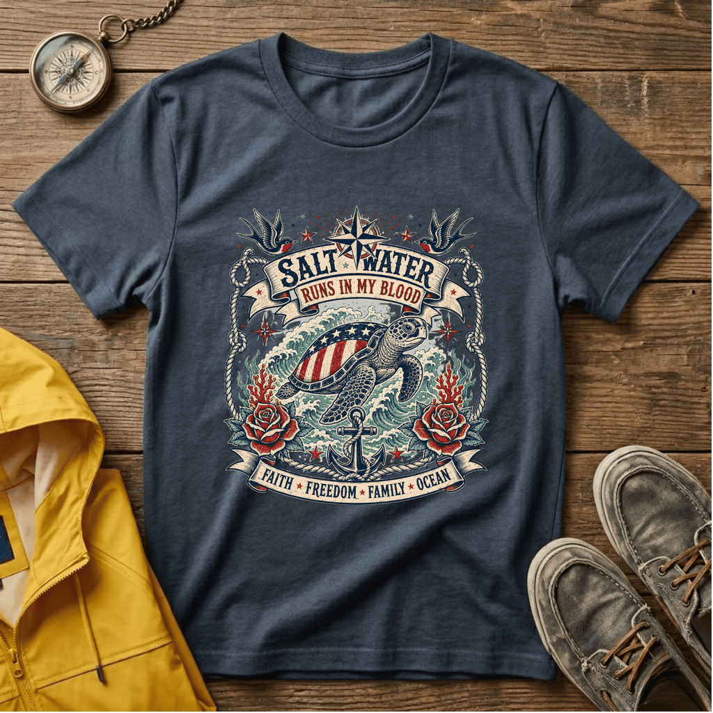 Saltwater Runs In My Blood T-Shirt — Nautical Turtle Vintage Beach Tee