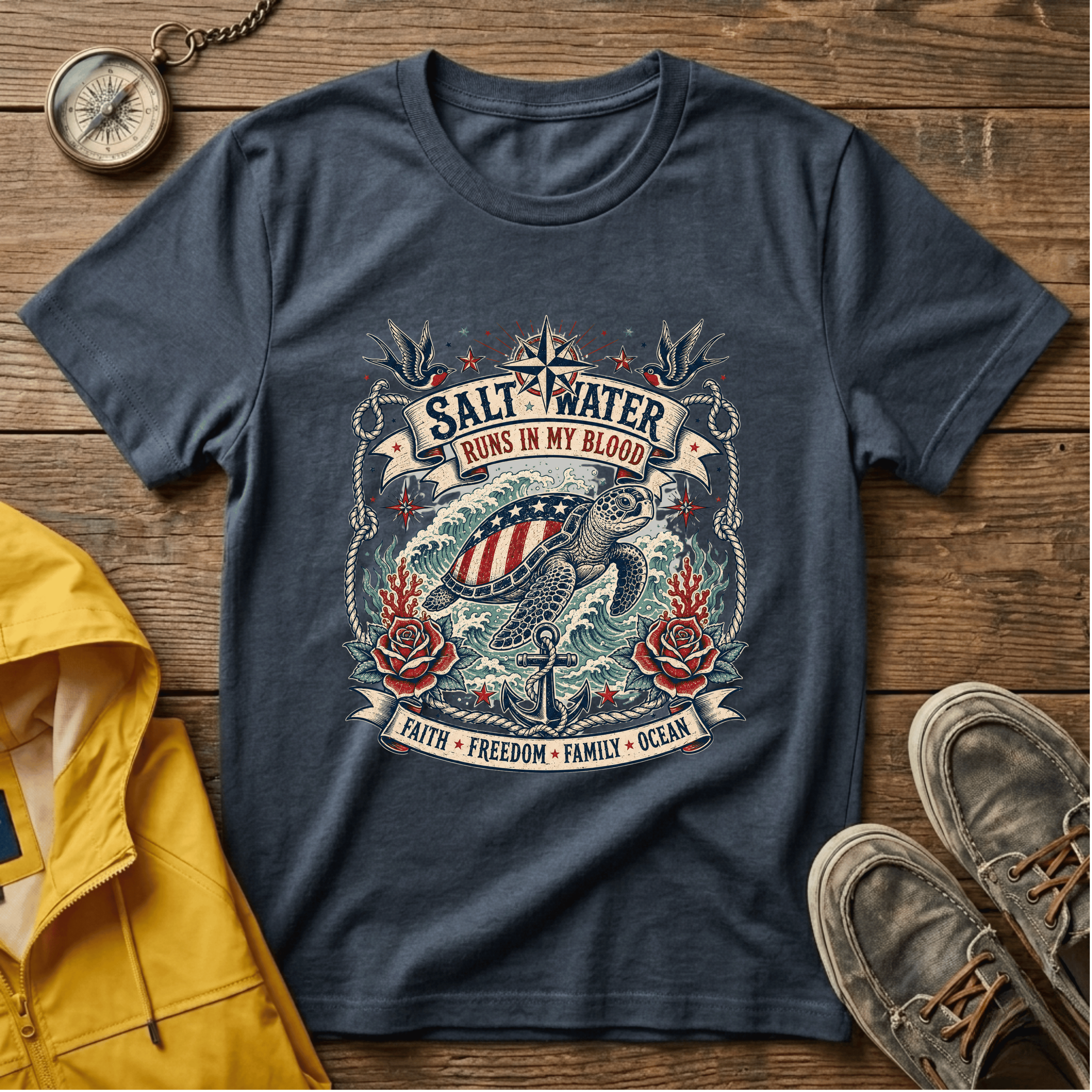 Saltwater Runs In My Blood T-Shirt — Nautical Turtle Vintage Beach Tee