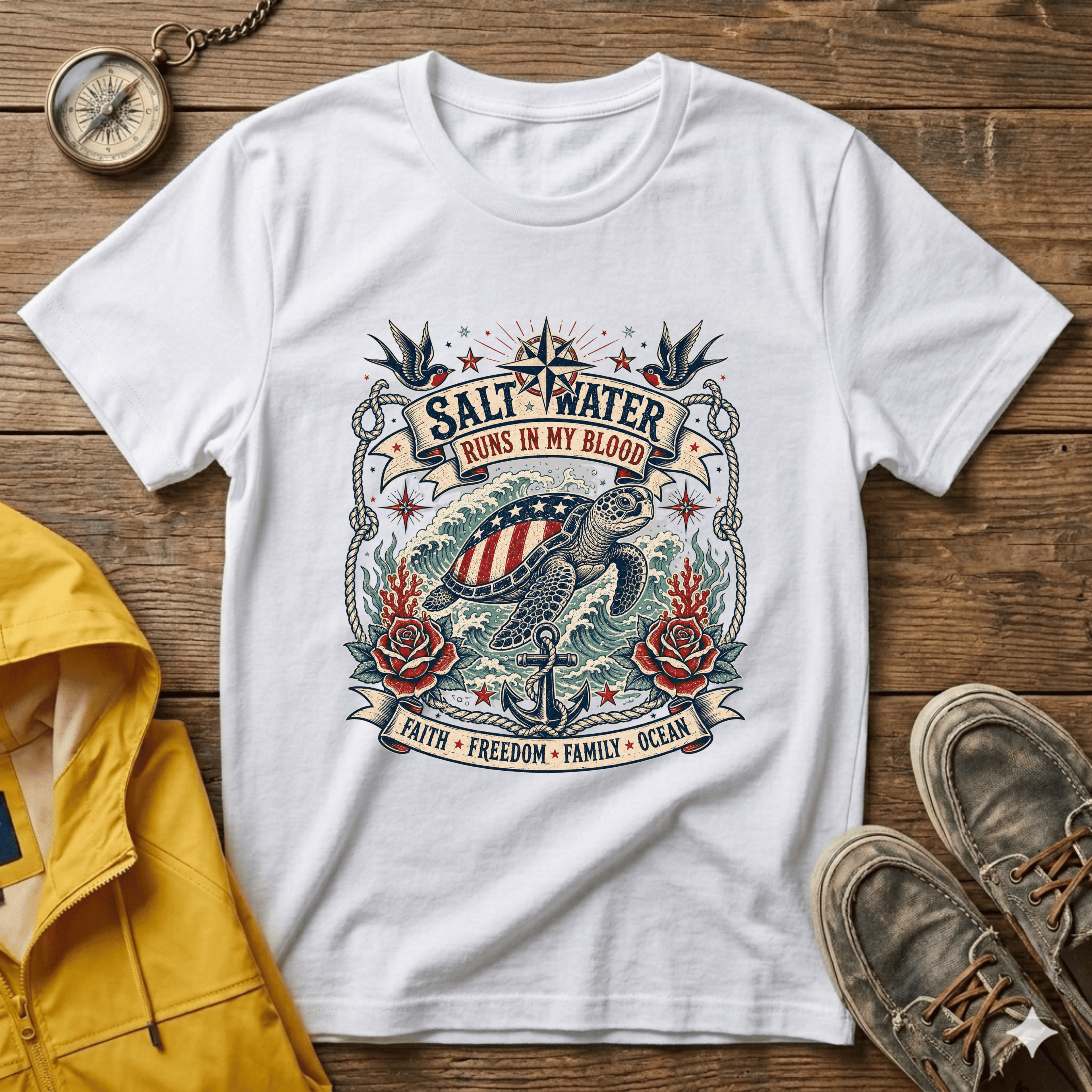 Saltwater Runs In My Blood T-Shirt — Nautical Turtle Vintage Beach Tee