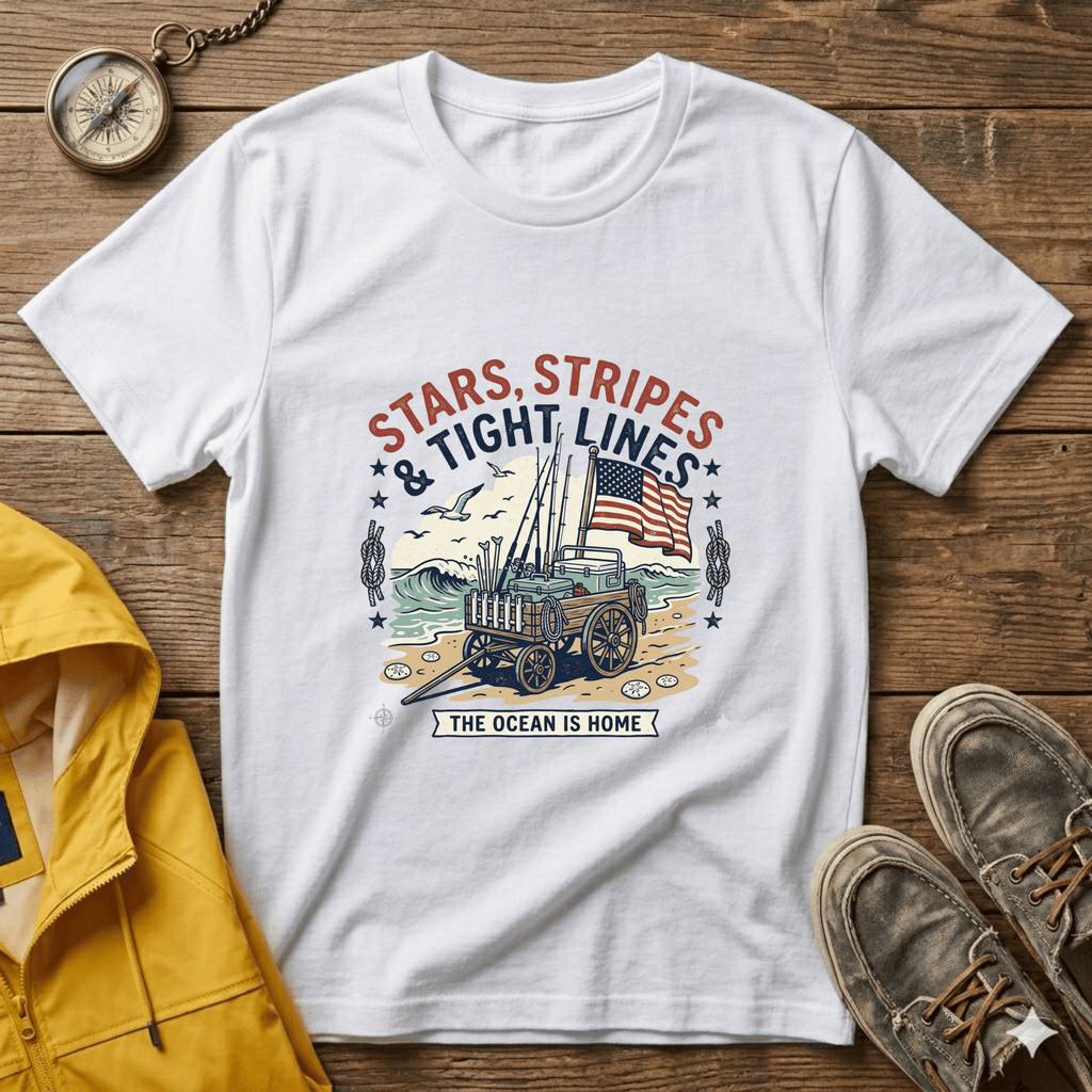 Stars, Stripes & Tight Lines Fishing T-Shirt — Patriotic Ocean Angler Tee