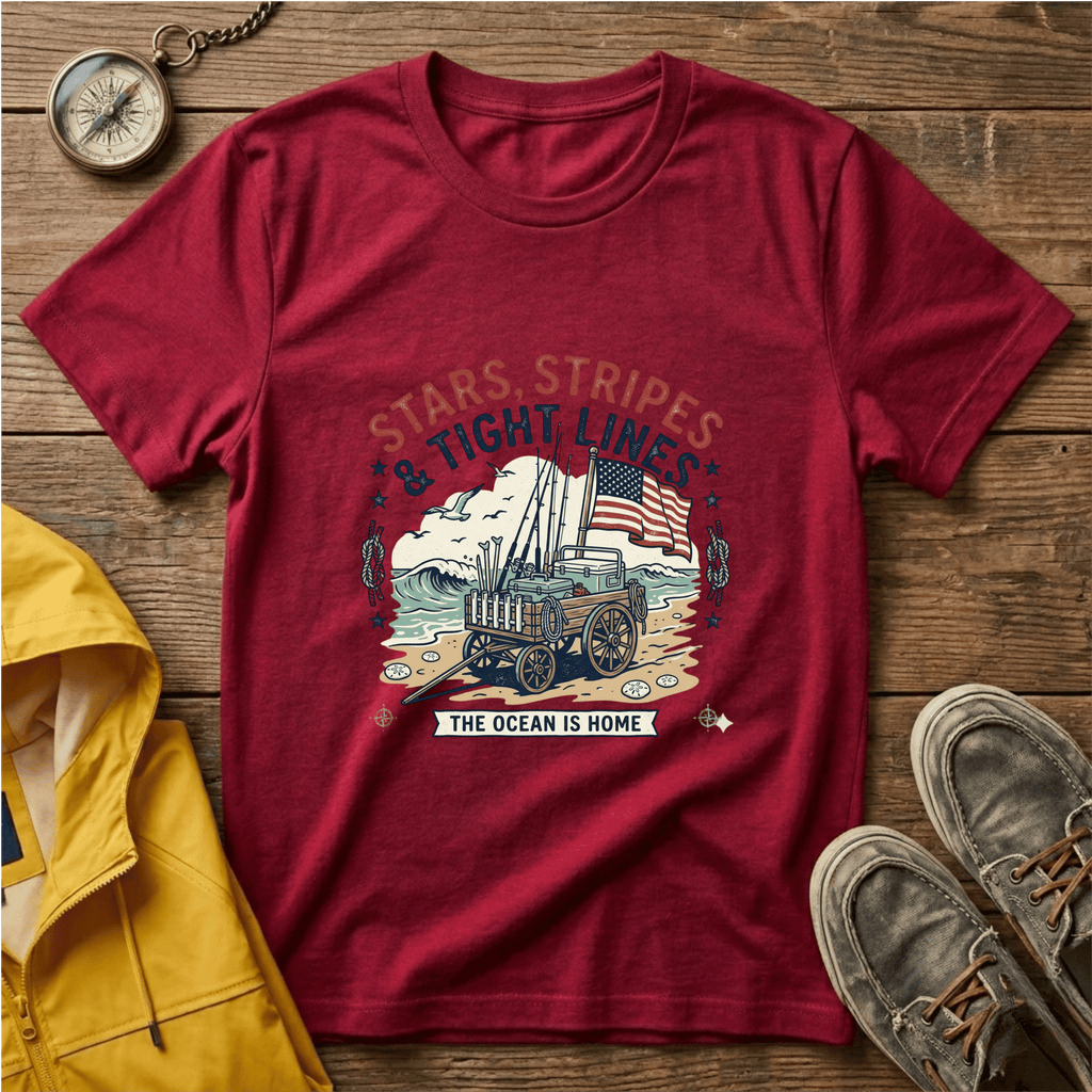 Stars, Stripes & Tight Lines Fishing T-Shirt — Patriotic Ocean Angler Tee