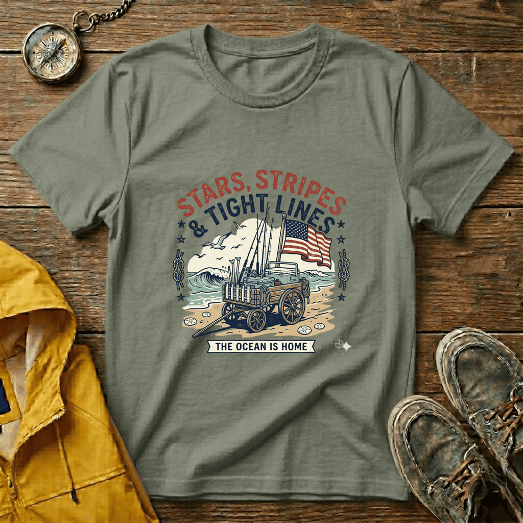 Stars, Stripes & Tight Lines Fishing T-Shirt — Patriotic Ocean Angler Tee