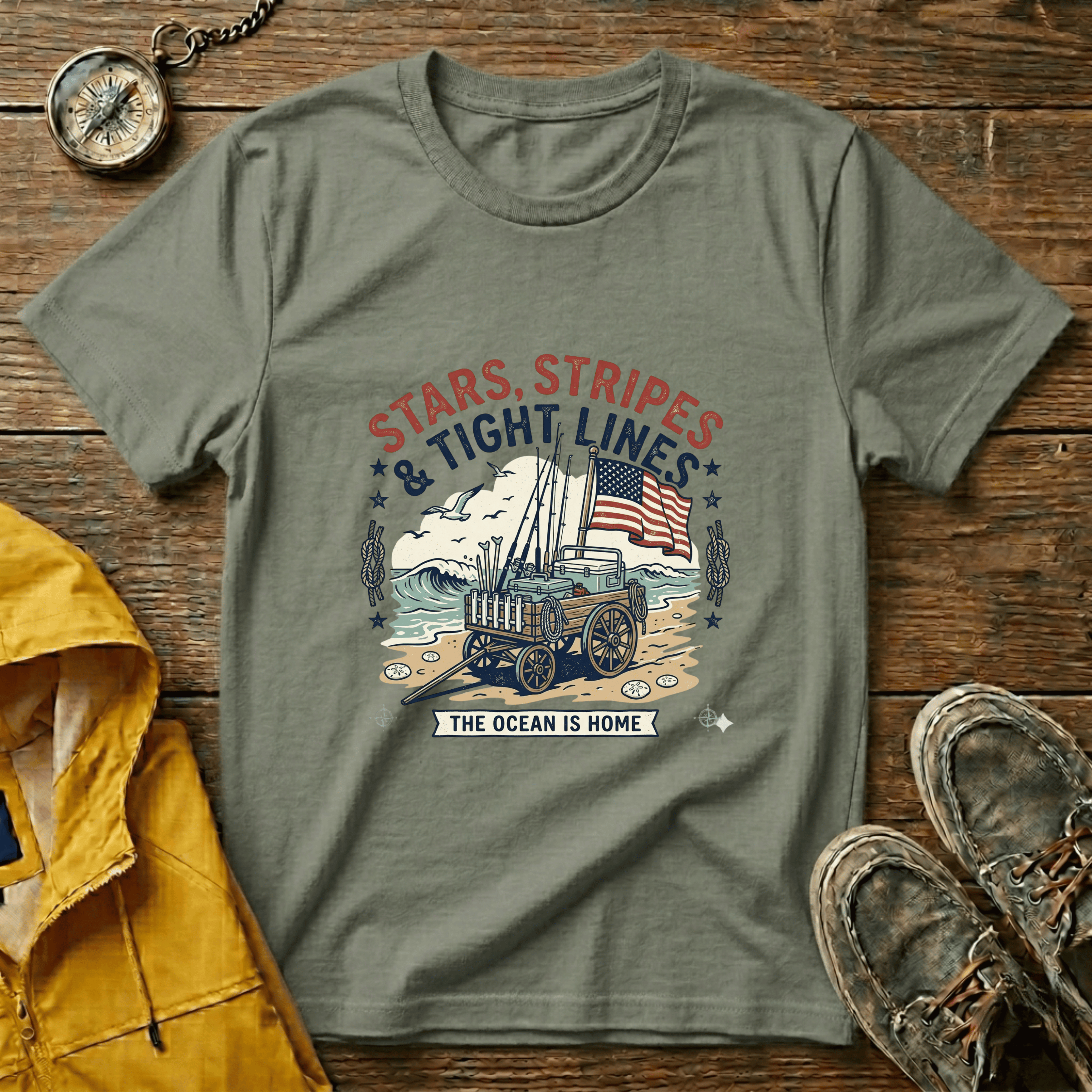 Stars, Stripes & Tight Lines Fishing T-Shirt — Patriotic Ocean Angler Tee