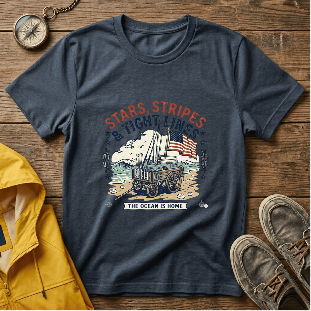 Stars, Stripes & Tight Lines Fishing T-Shirt — Patriotic Ocean Angler Tee