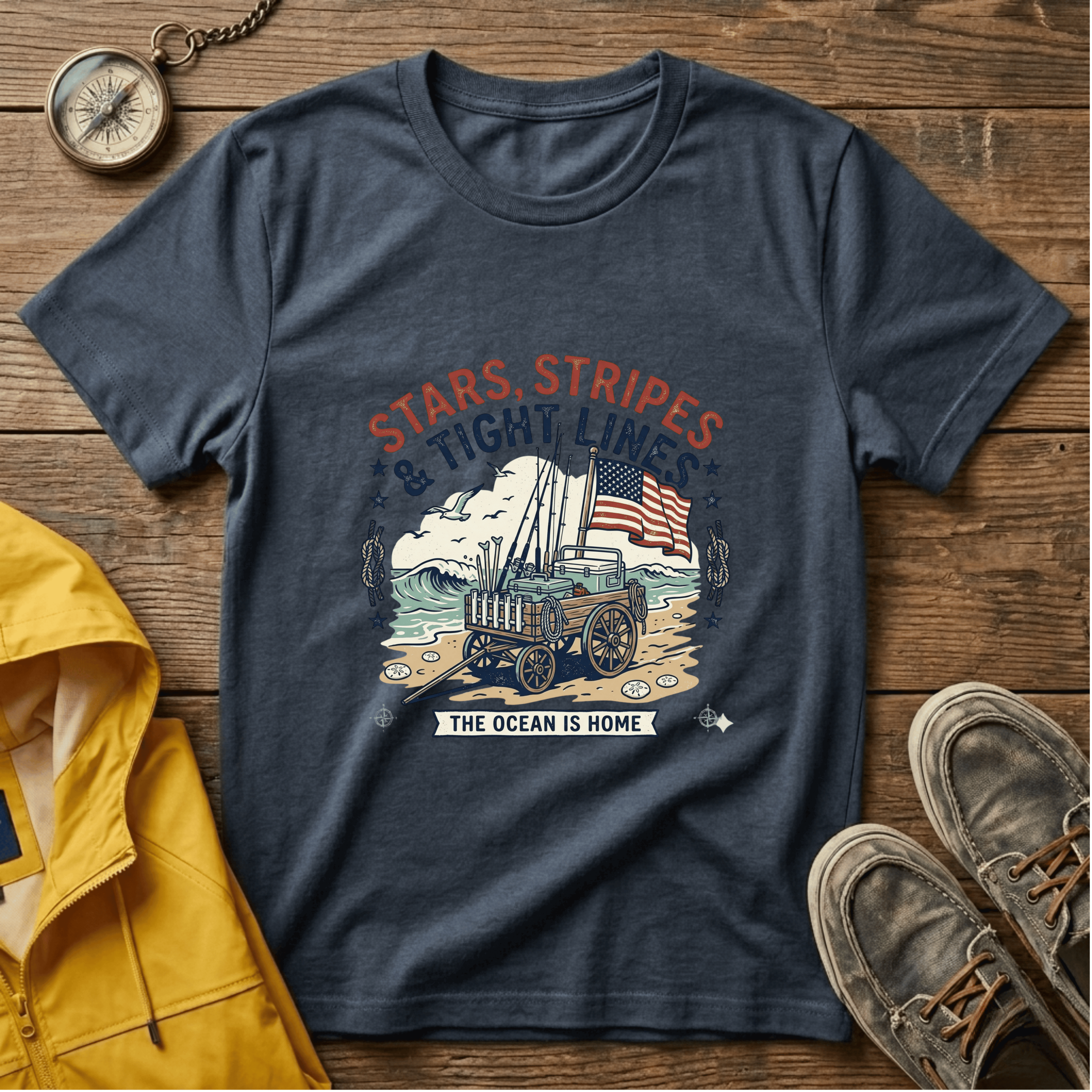 Stars, Stripes & Tight Lines Fishing T-Shirt — Patriotic Ocean Angler Tee