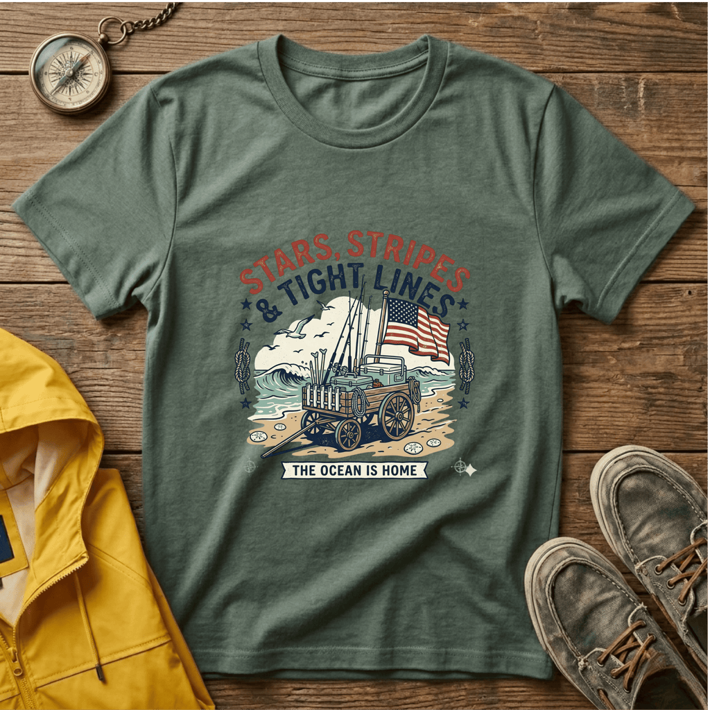 Stars, Stripes & Tight Lines Fishing T-Shirt — Patriotic Ocean Angler Tee