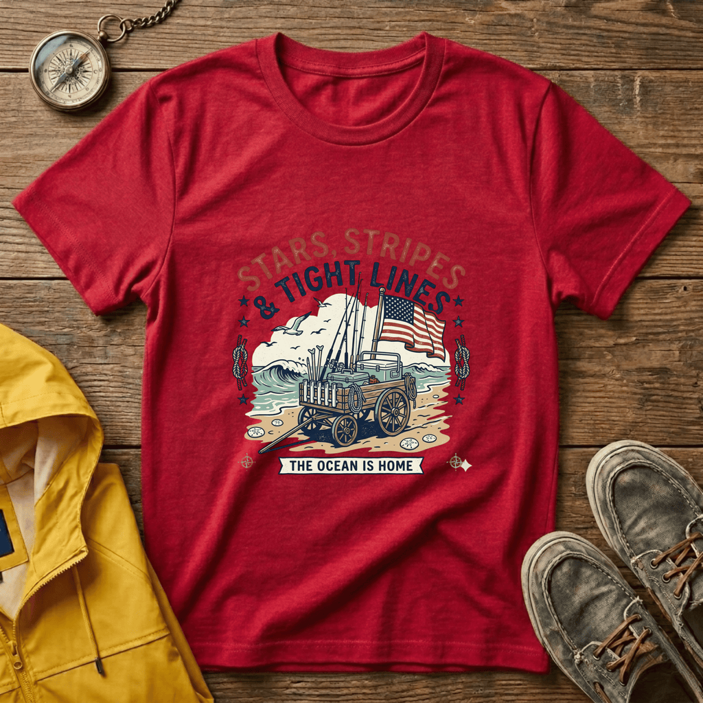 Stars, Stripes & Tight Lines Fishing T-Shirt — Patriotic Ocean Angler Tee