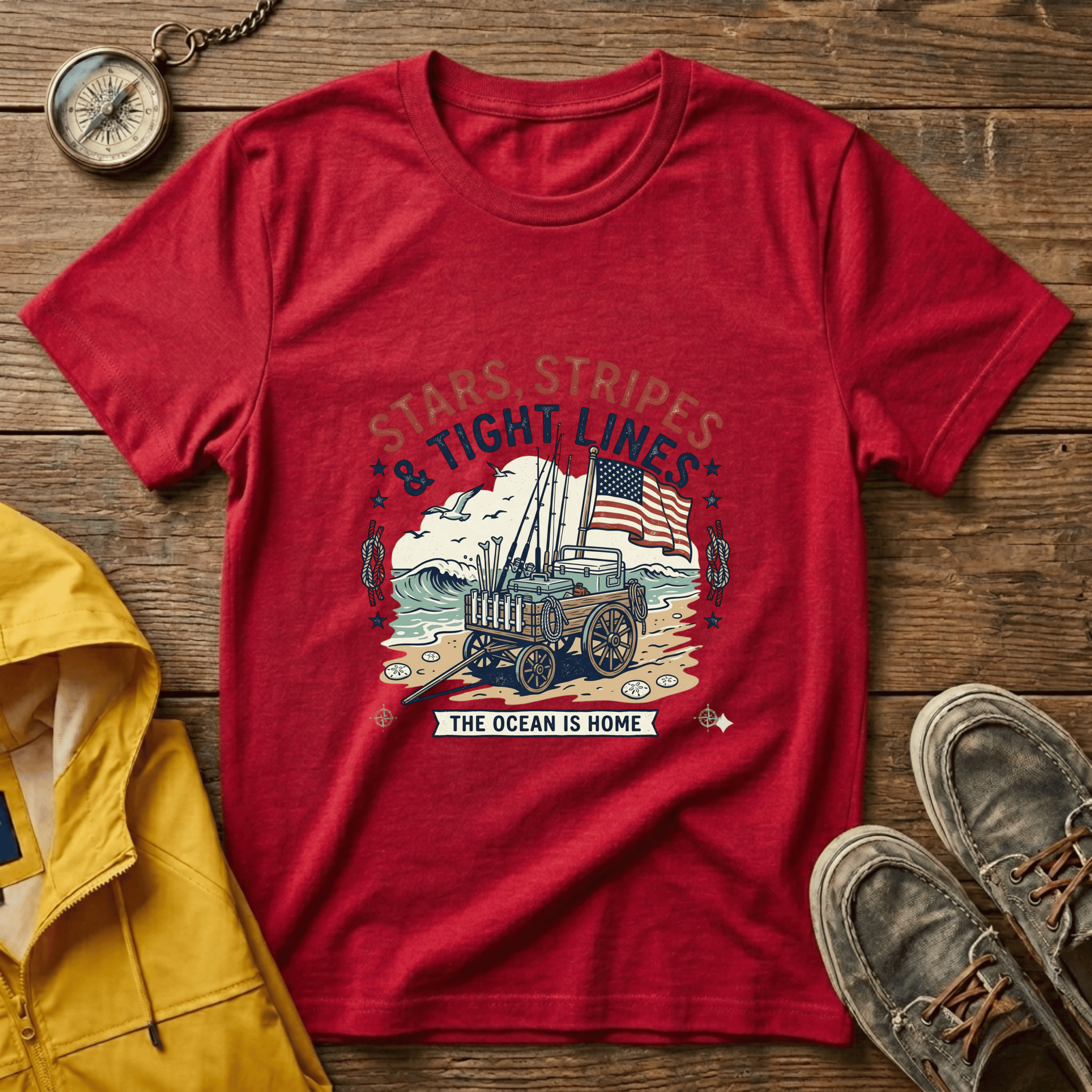 Stars, Stripes & Tight Lines Fishing T-Shirt — Patriotic Ocean Angler Tee