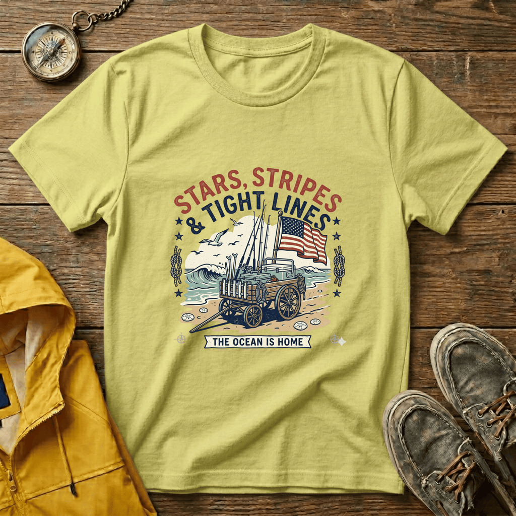 Stars, Stripes & Tight Lines Fishing T-Shirt — Patriotic Ocean Angler Tee