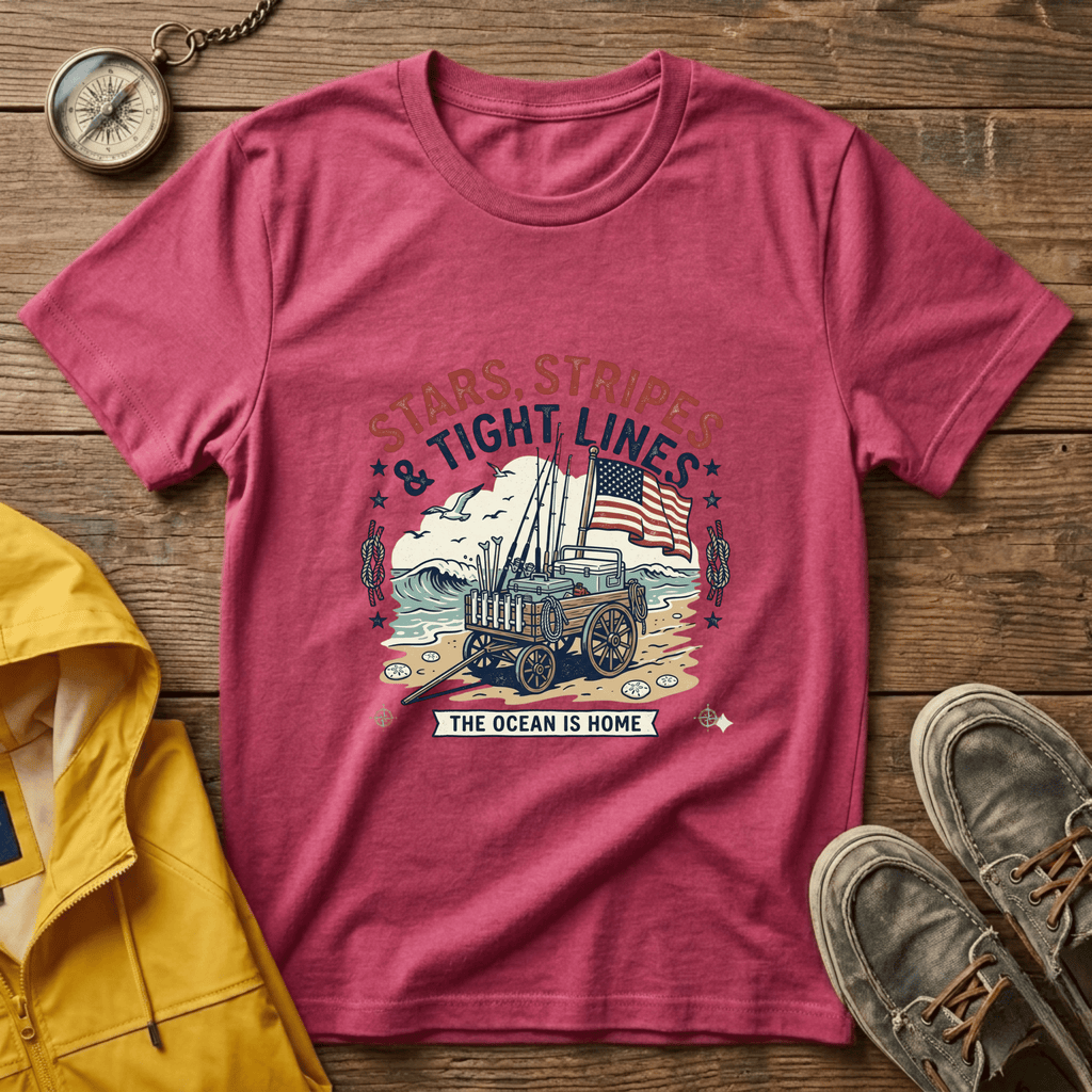 Stars, Stripes & Tight Lines Fishing T-Shirt — Patriotic Ocean Angler Tee