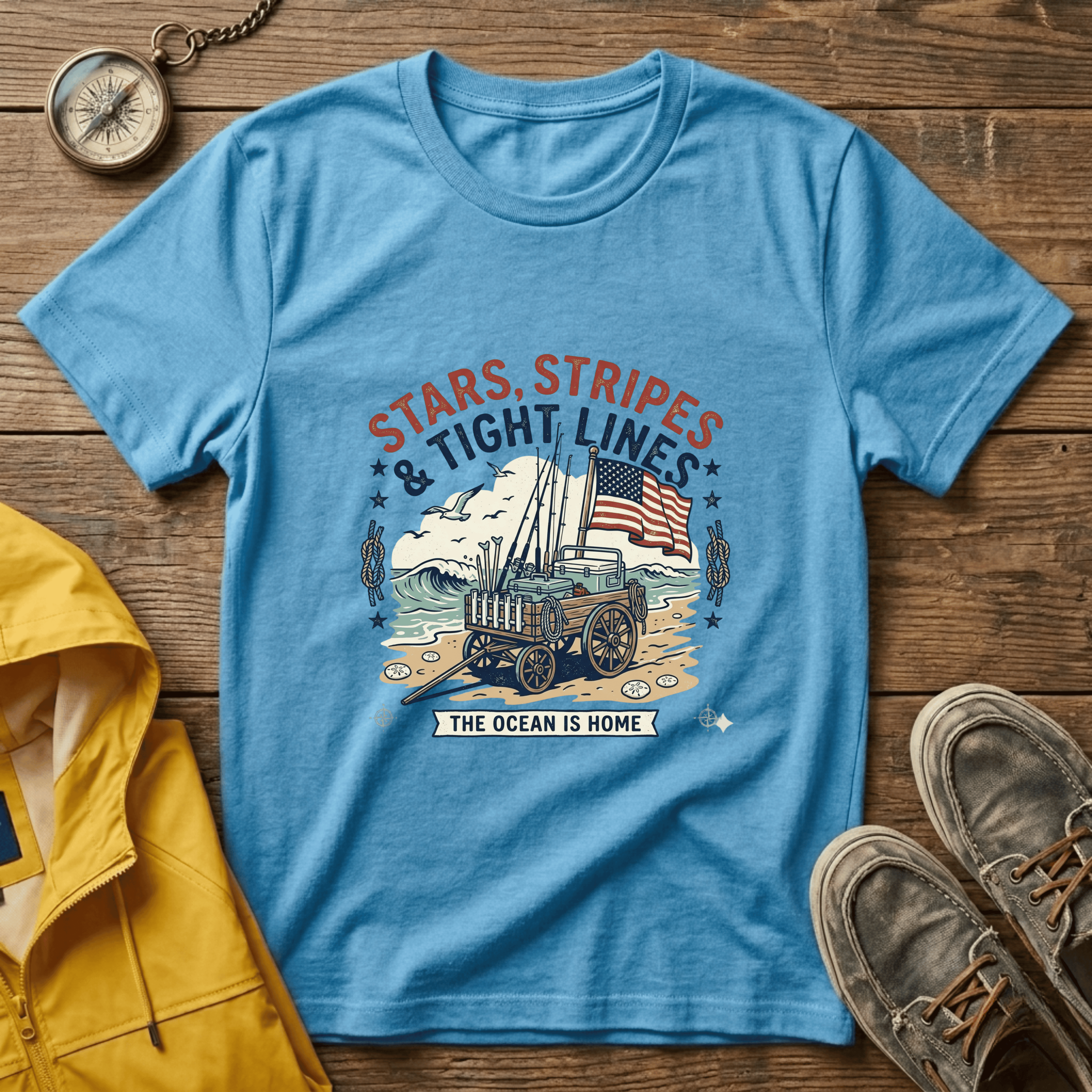 Stars, Stripes & Tight Lines Fishing T-Shirt — Patriotic Ocean Angler Tee