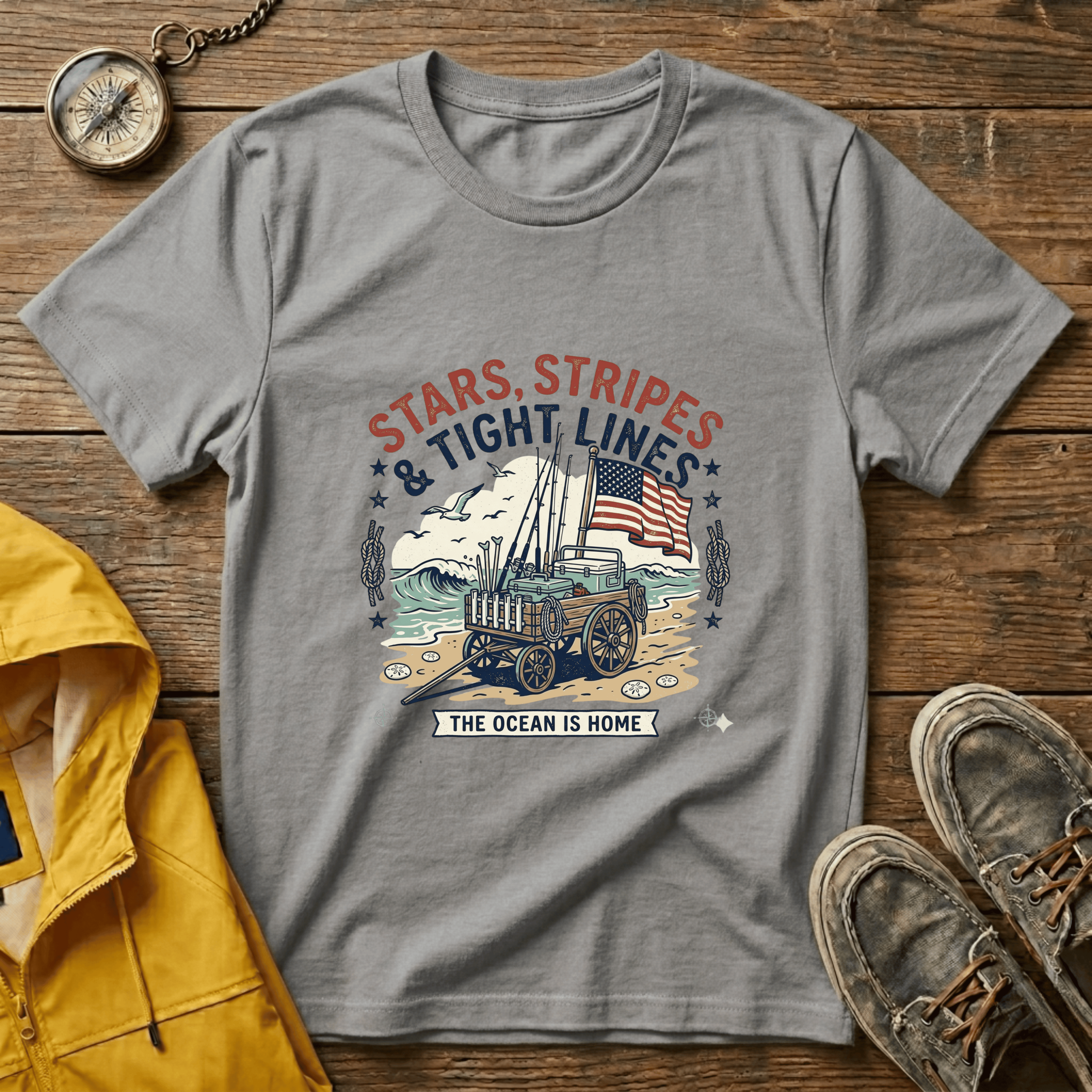 Stars, Stripes & Tight Lines Fishing T-Shirt — Patriotic Ocean Angler Tee