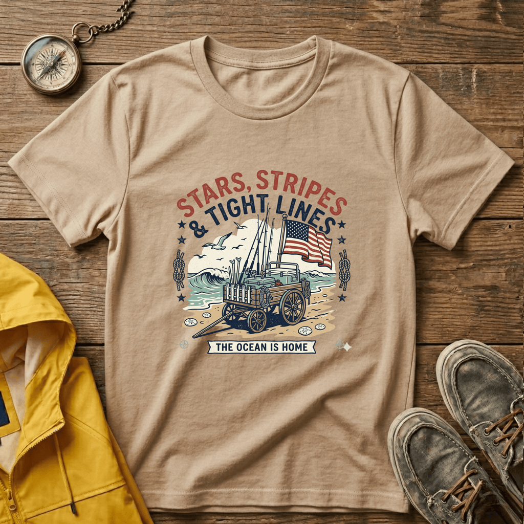 Stars, Stripes & Tight Lines Fishing T-Shirt — Patriotic Ocean Angler Tee
