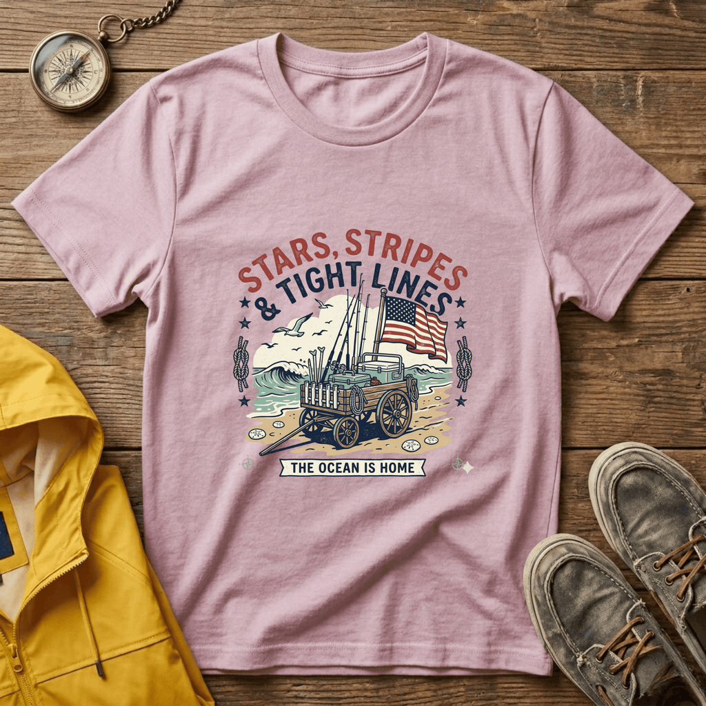 Stars, Stripes & Tight Lines Fishing T-Shirt — Patriotic Ocean Angler Tee