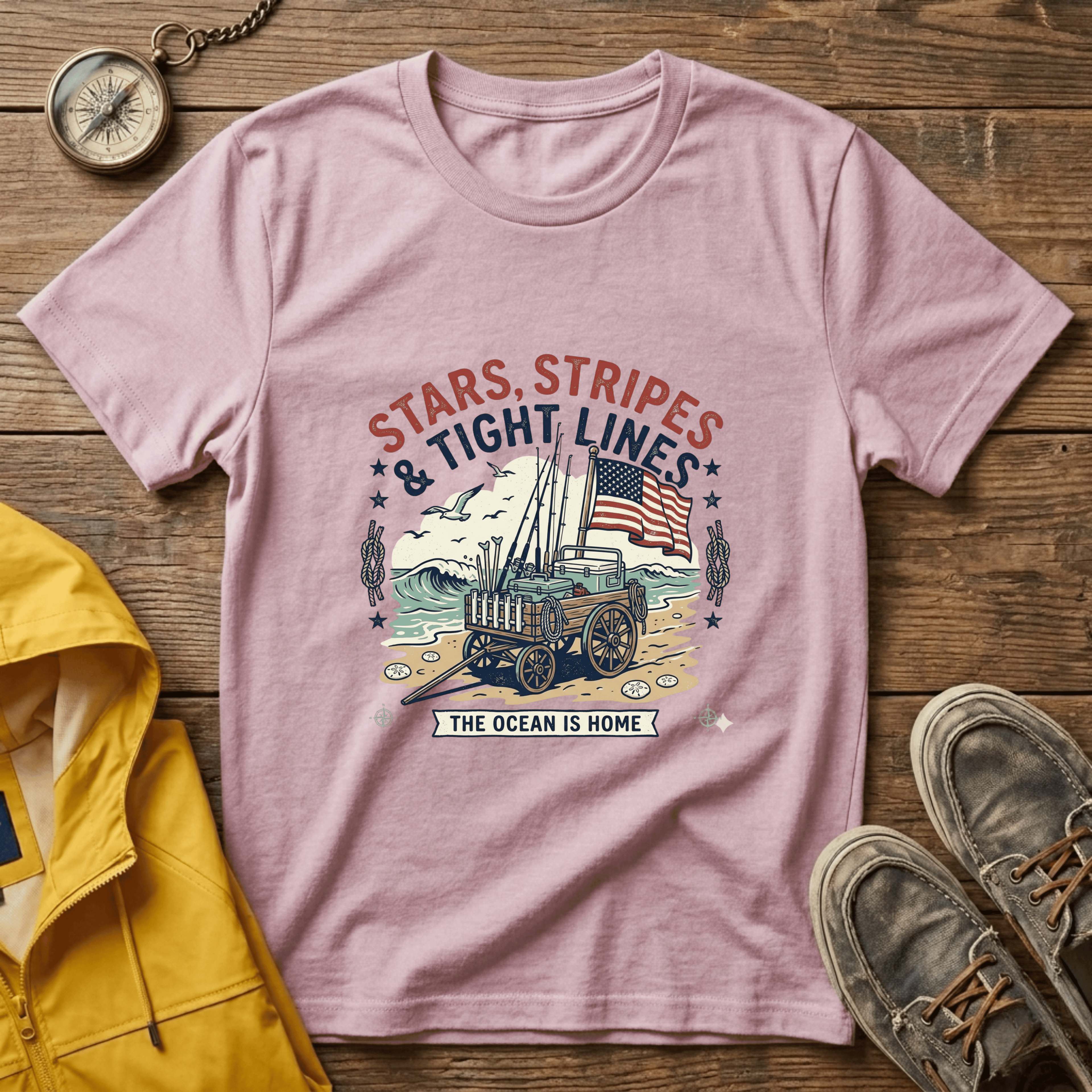 Stars, Stripes & Tight Lines Fishing T-Shirt — Patriotic Ocean Angler Tee