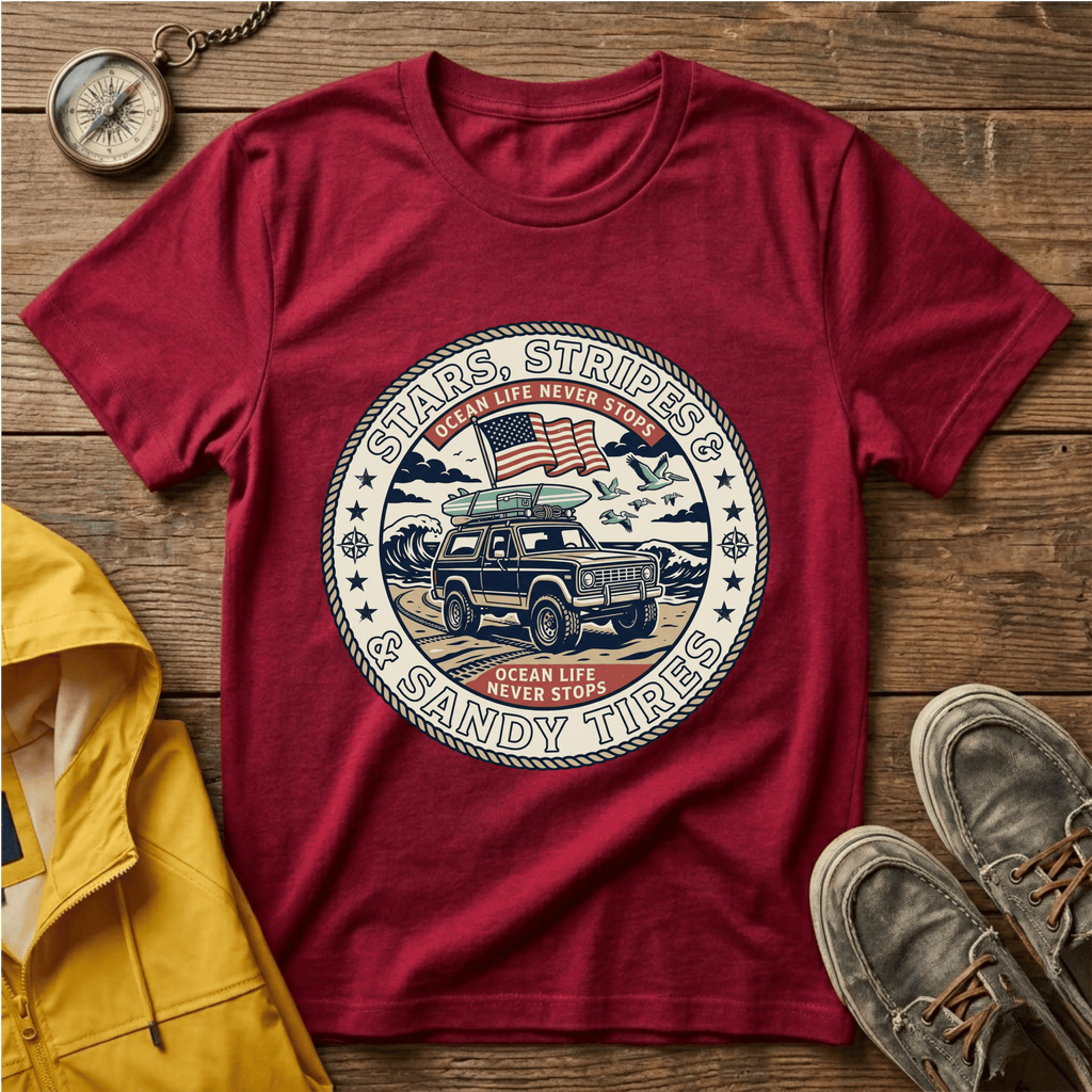 Stars & Stripes Beach Truck T-Shirt — "Ocean Life Never Stops" Vintage Surf Tee